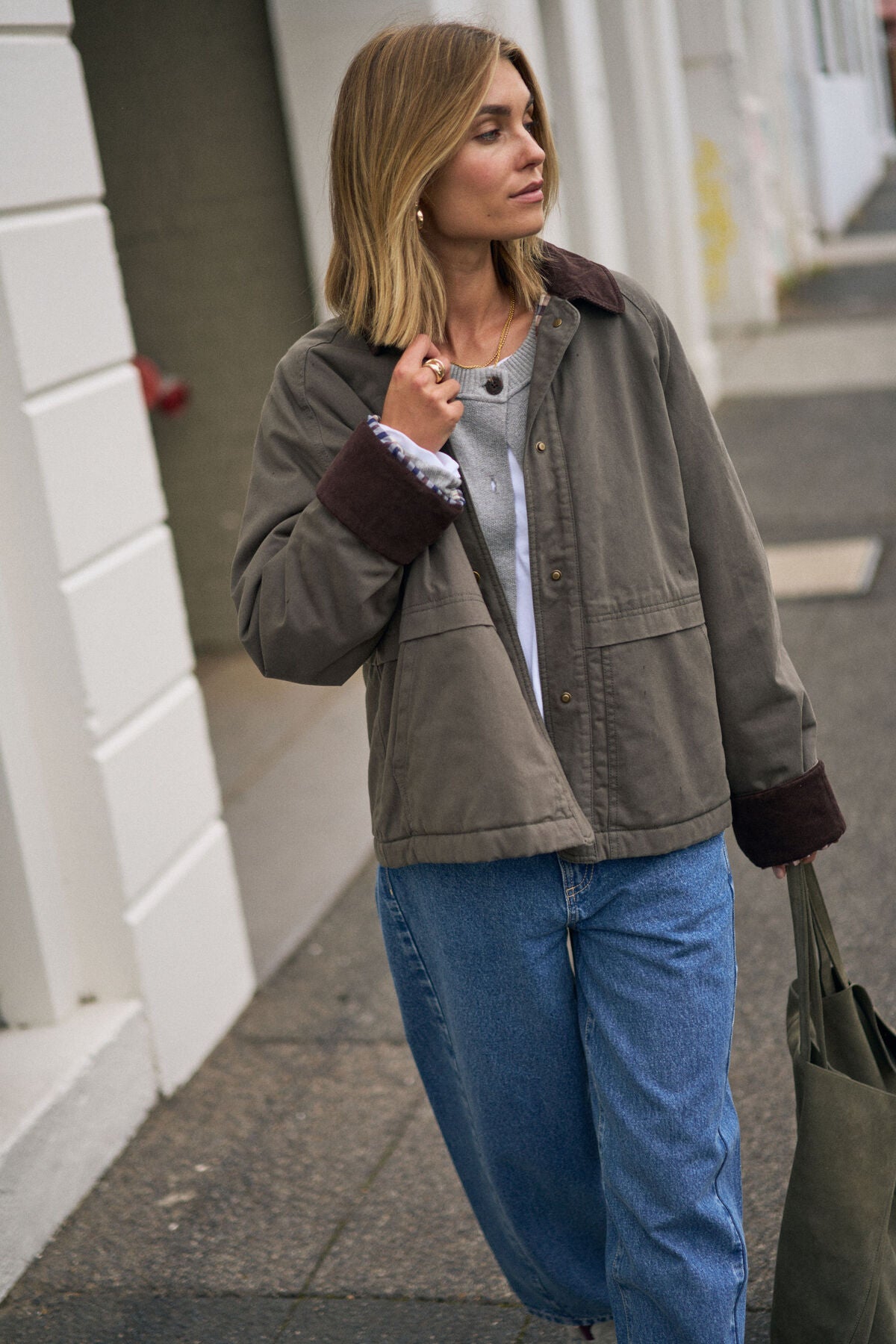 Miss Marlow Blair Barn Jacket in moss green, featuring a rustic design with button details and a cozy, casual fit.