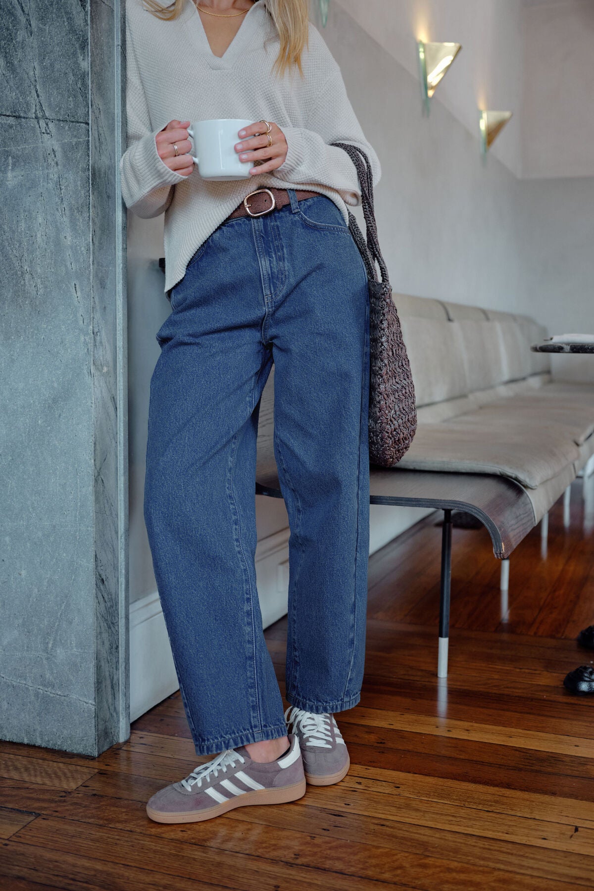 Ceres Life Leah Tapered Barrel Jean in fresh indigo denim, showing a close-up of the fitted, tapered style and classic jean details.