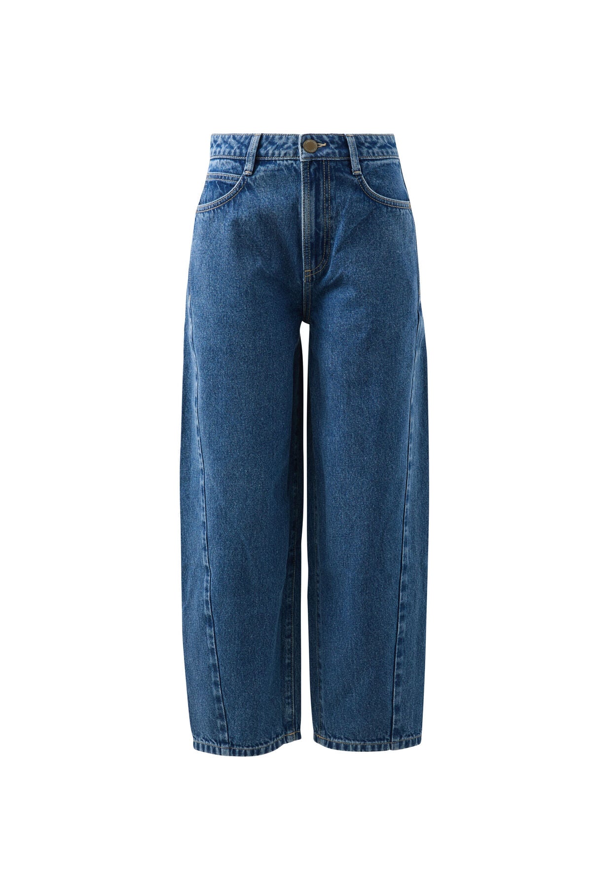 Ceres Life Leah Tapered Barrel Jean in fresh indigo denim with a fitted waist and tapered leg silhouette.