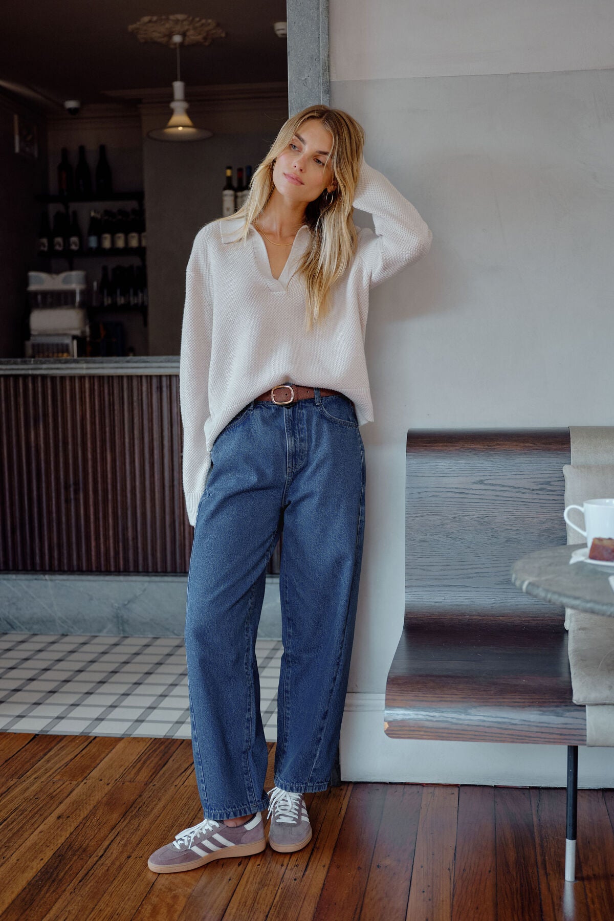 Ceres Life Leah Tapered Barrel Jean in fresh indigo denim, showcasing the fitted tapered style and classic five-pocket design.