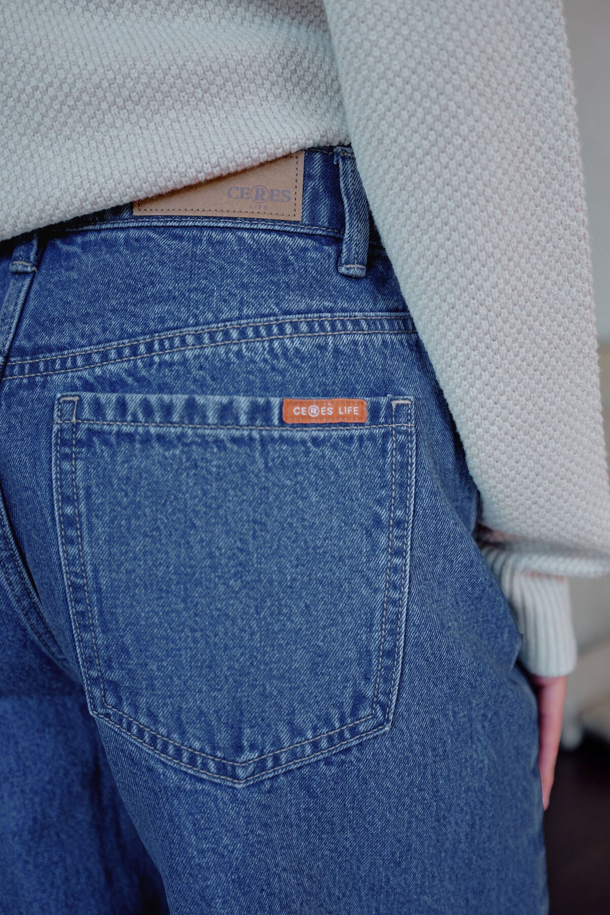 Ceres Life Leah Tapered Barrel Jean in fresh indigo denim, showcasing the fitted, tapered leg style with classic jean details.