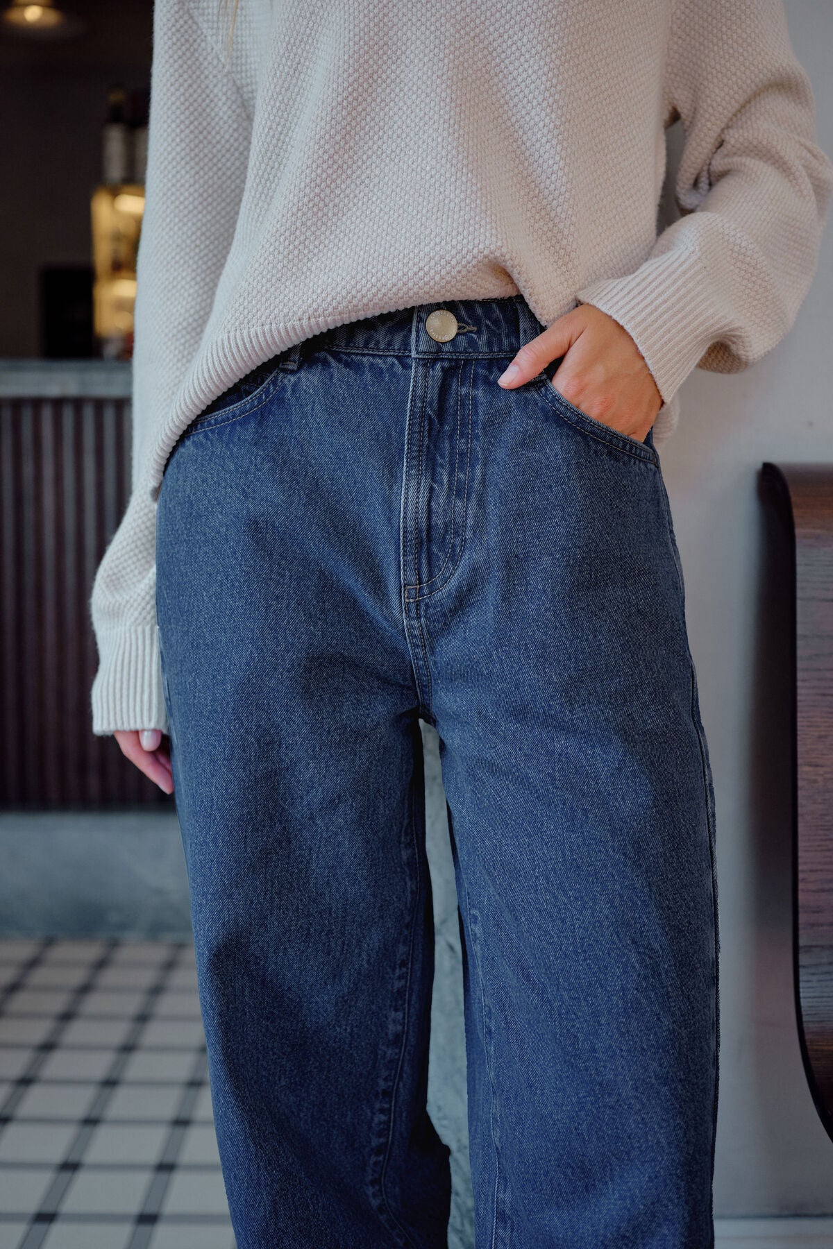 Ceres Life Leah Tapered Barrel Jean in fresh indigo denim, showcasing the fitted tapered style and classic jean details.