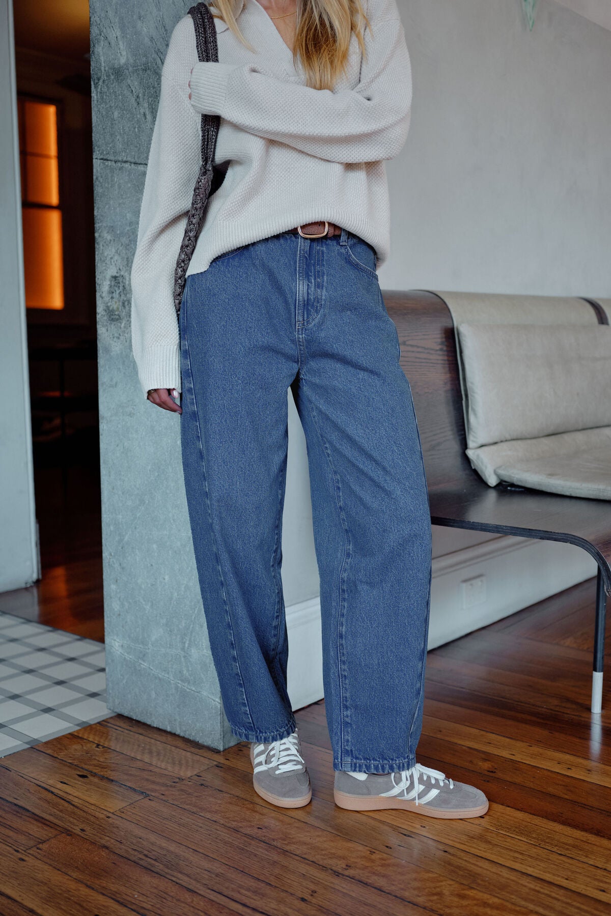 Ceres Life Leah tapered barrel jeans in fresh indigo denim with a fitted waist and relaxed tapered leg silhouette.