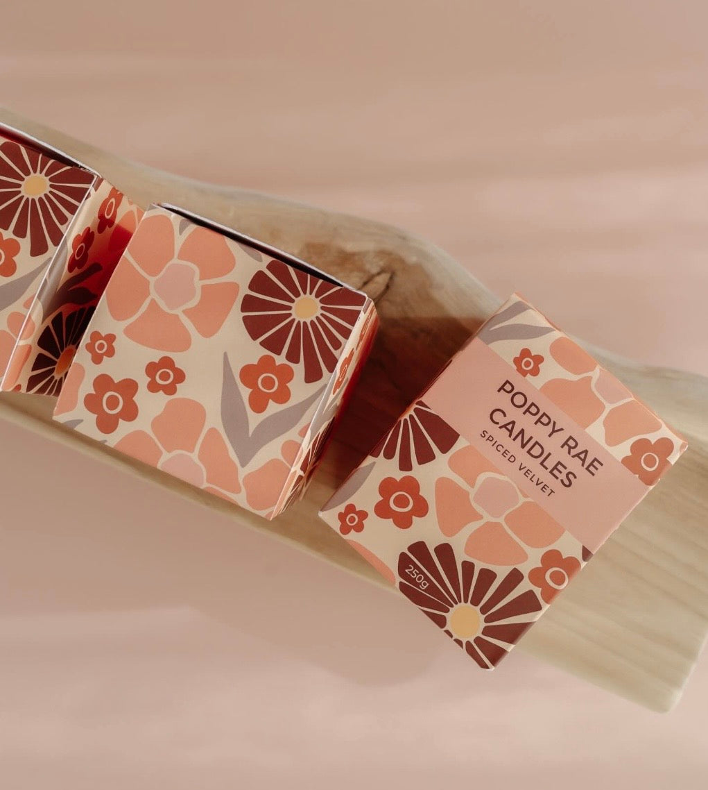 Poppy Rae Spiced Velvet 250g candle with warm, inviting fragrance in a stylish glass jar.