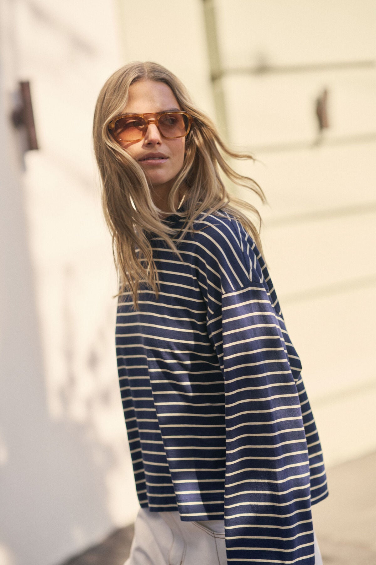 Ceres Life Beau Long Sleeve Slouchy Tee - Heritage Navy/Marshmellow Stripe