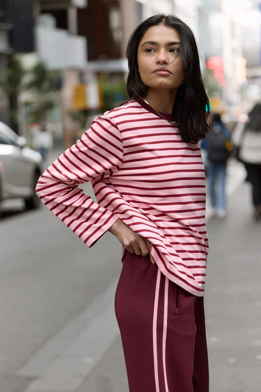 Carter Long Sleeve Tee - Burgundy Pink Stripe