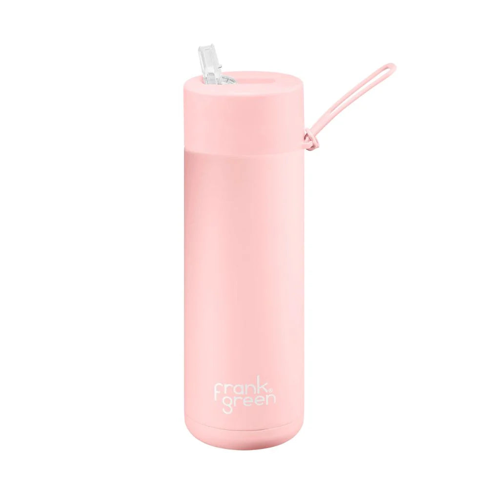Frank Green 20oz ceramic reusable drink bottle in blushed color, with a sleek design and spill-proof lid.