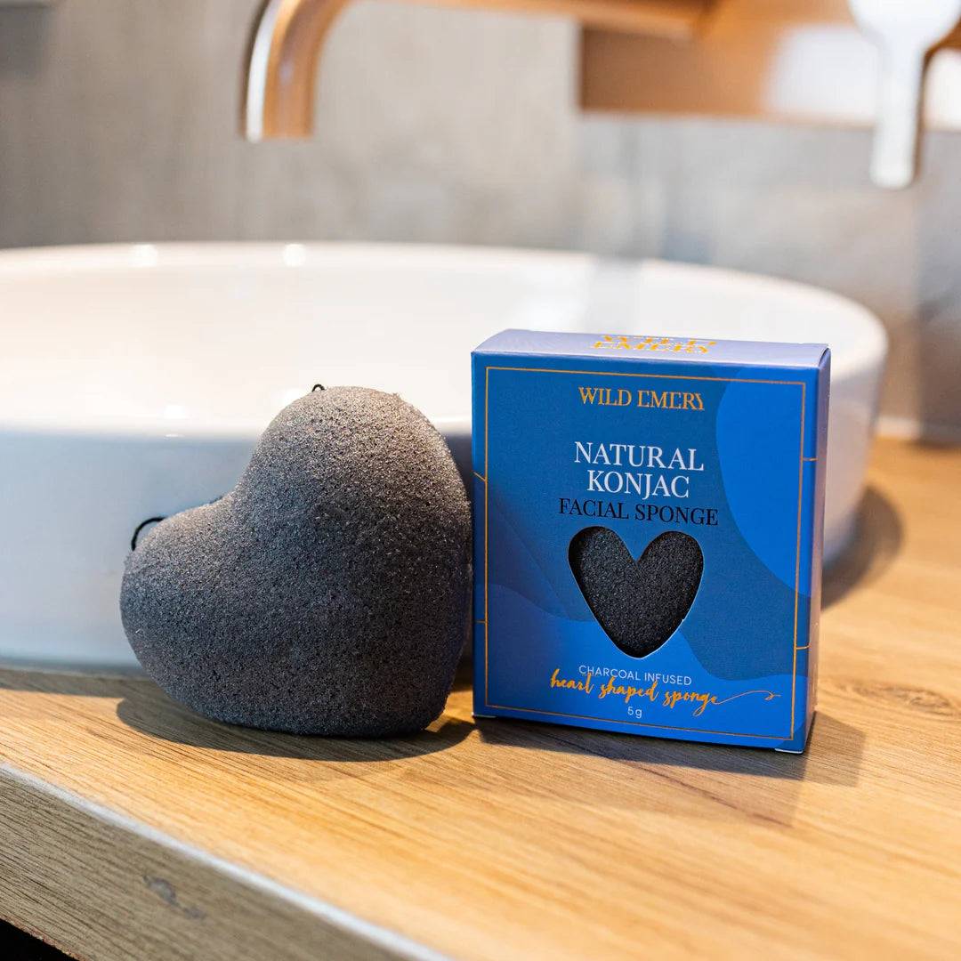 Wild Emery Charcoal Konjac Sponge with wild emery exfoliating texture for gentle facial cleansing and skin renewal.