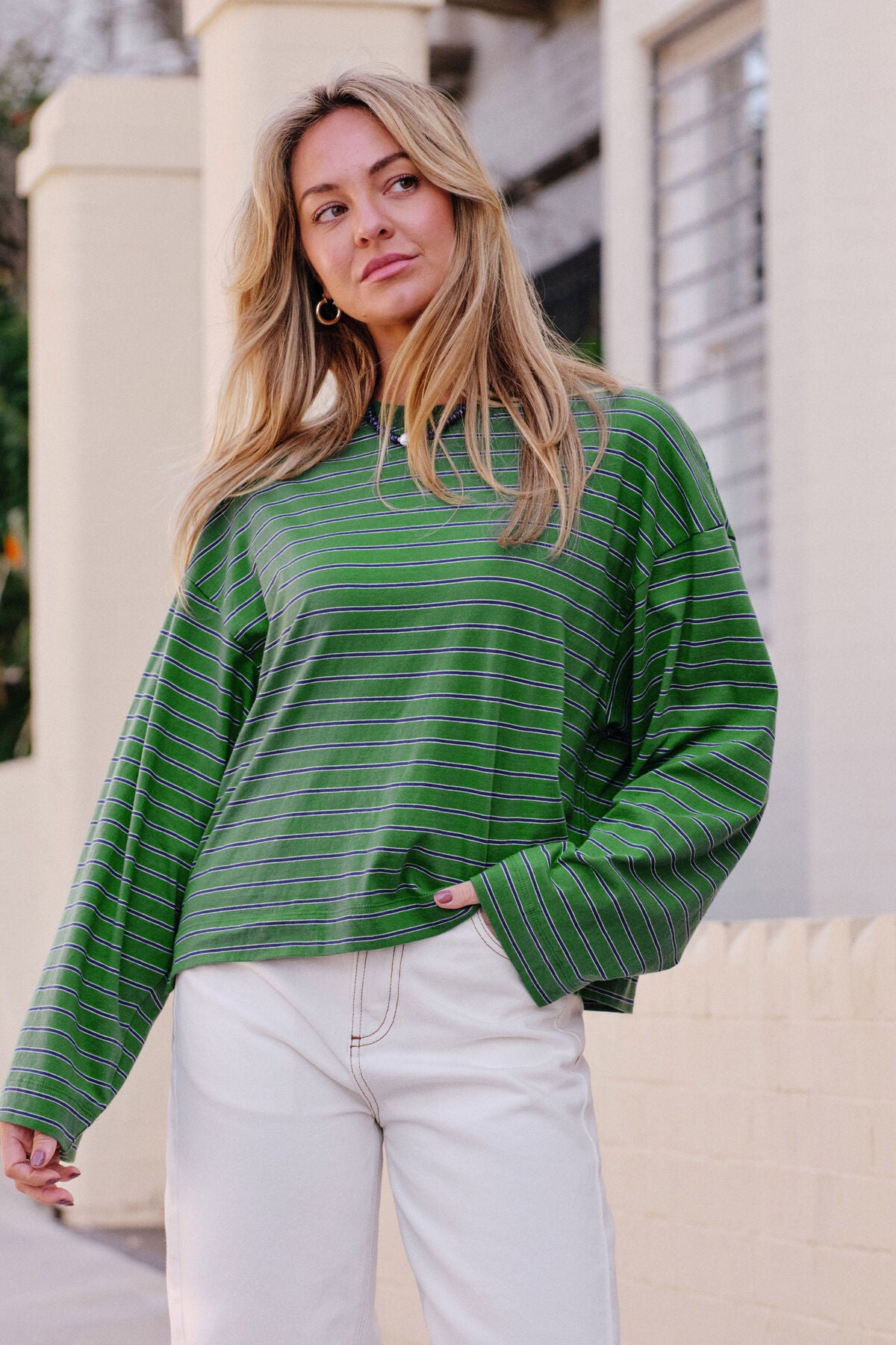 Beau Long Sleeve Slouchy Tee - Basil/Prussian Stripe