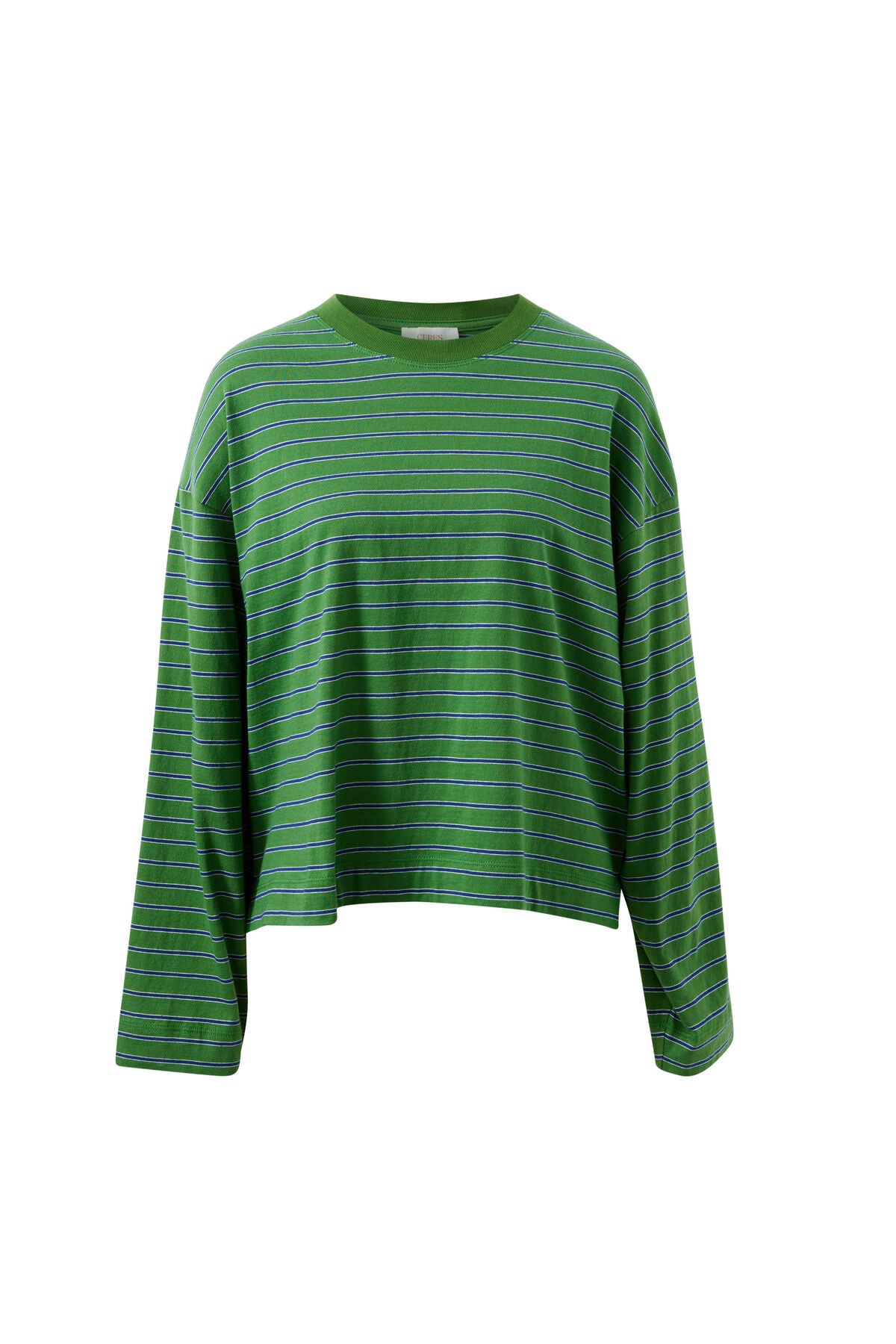 Beau Long Sleeve Slouchy Tee - Basil/Prussian Stripe