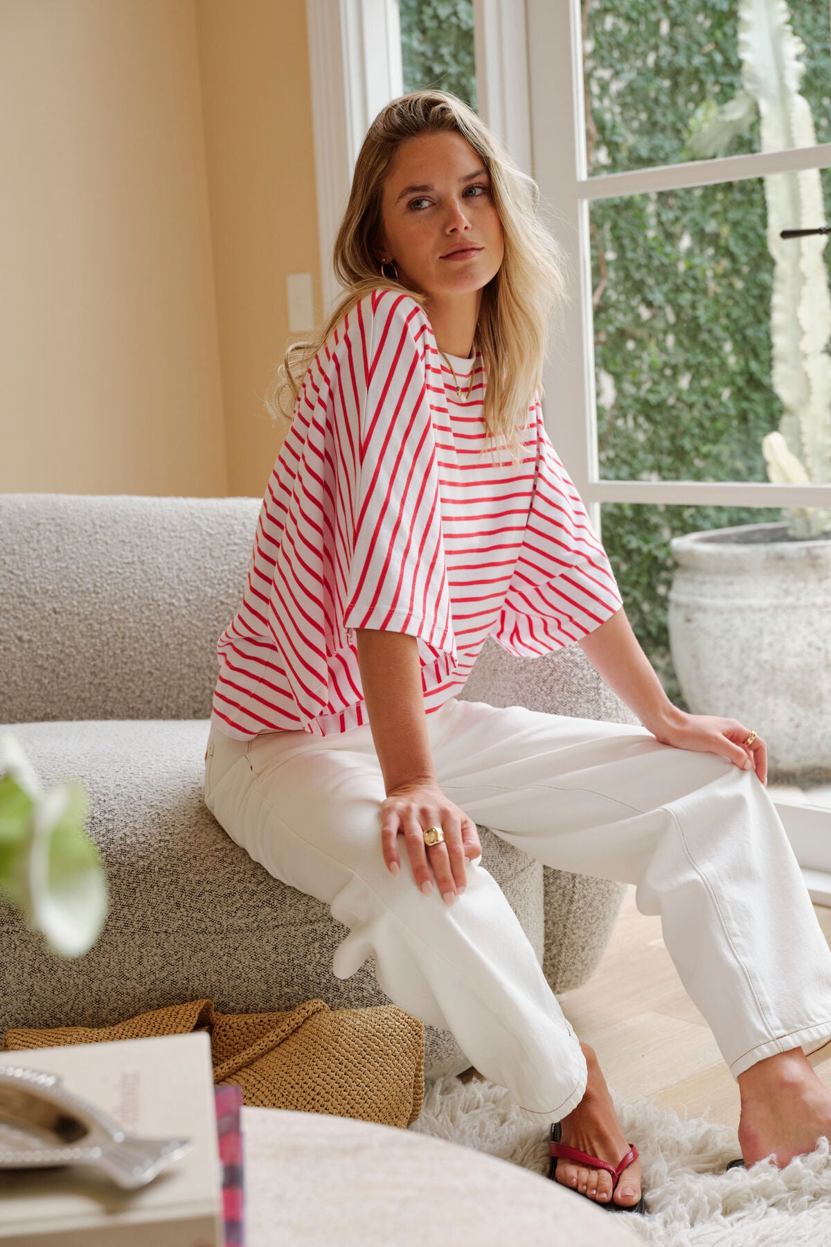 Lucy Relaxed Sleeve Tee - White/Heritage Red Stripe