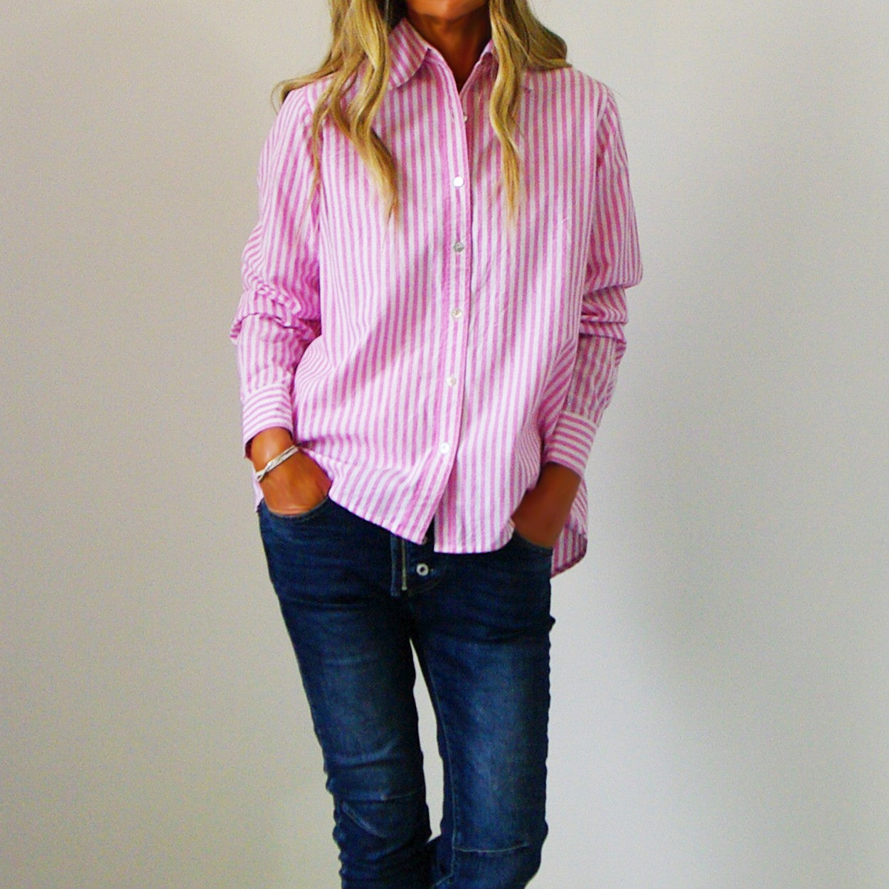 Riley Over Size Cotton Stripe Shirt - Pink and white stripe