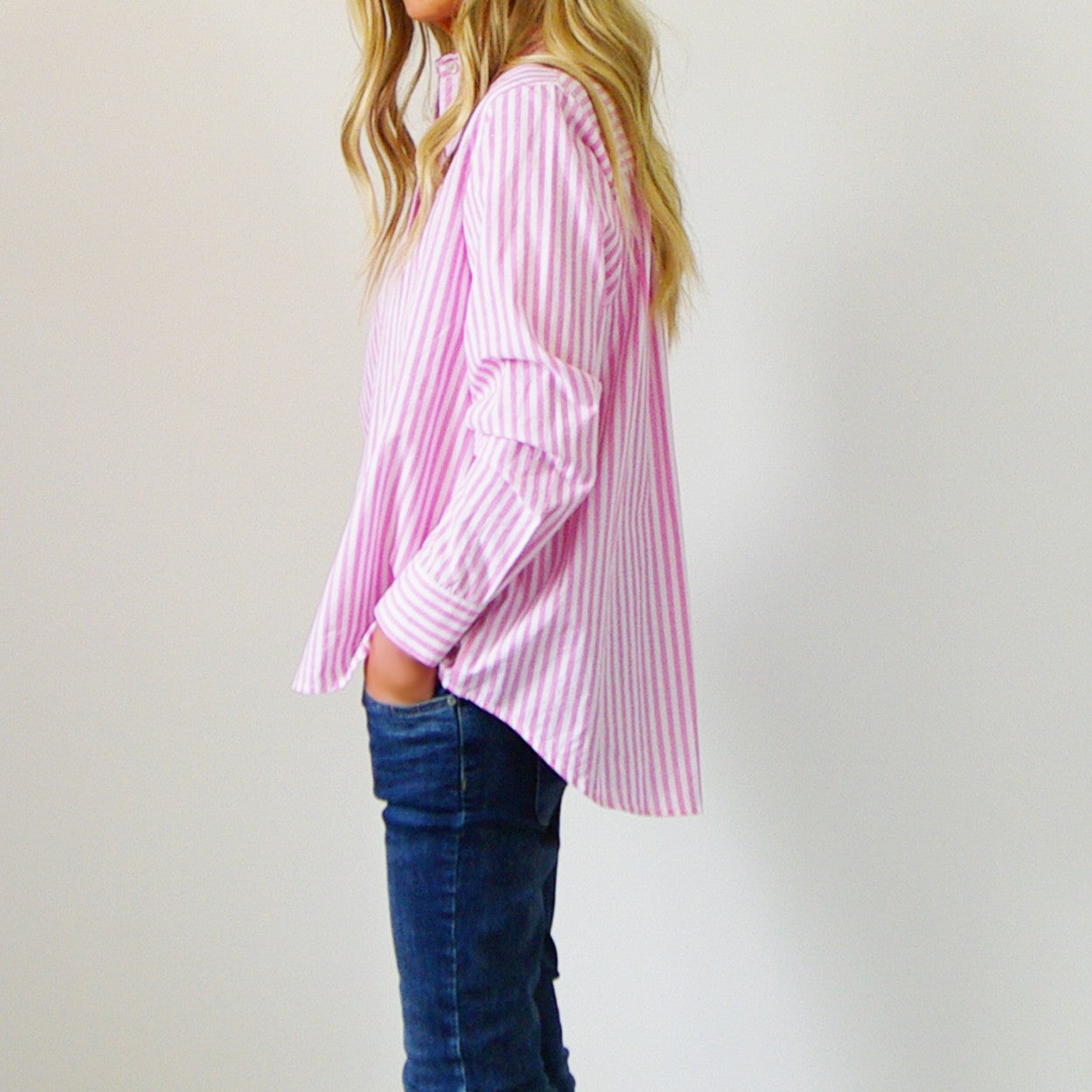 Riley Over Size Cotton Stripe Shirt - Pink and white stripe