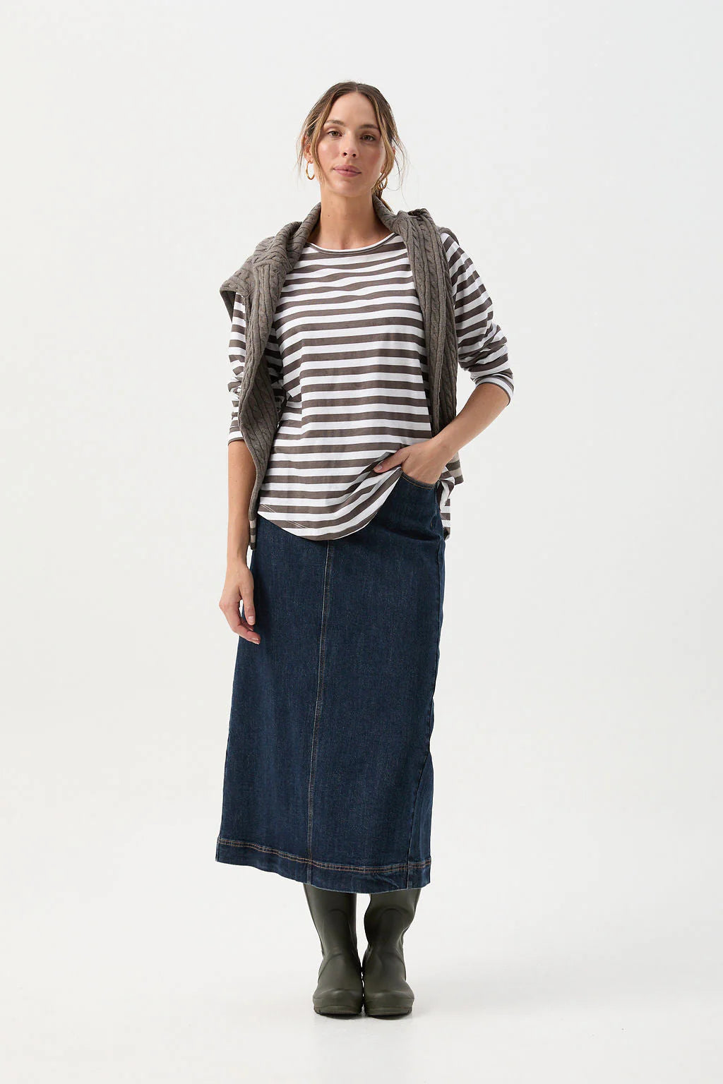 Stripe Long Sleeve Tee White/Hot Fudge