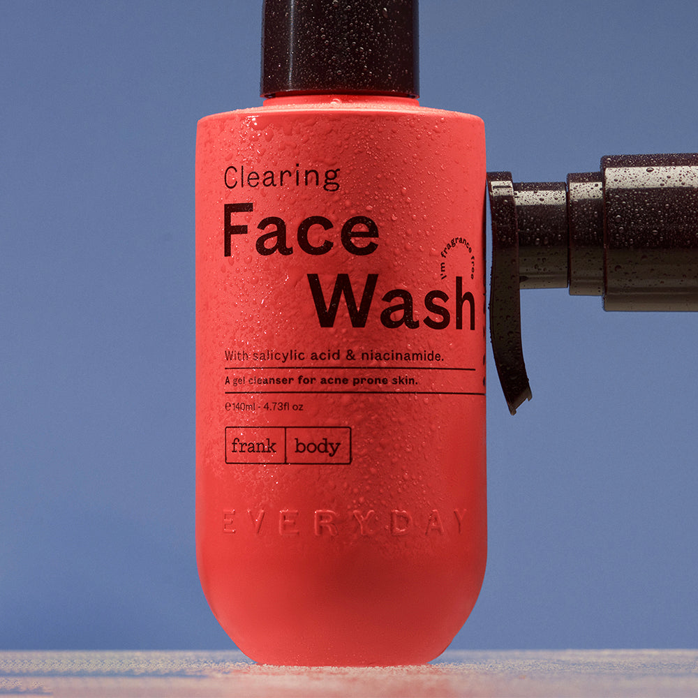 Fragrance-free clearing face wash in 140ml bottle from Everyday by frank Body, featuring a simple, clean design.