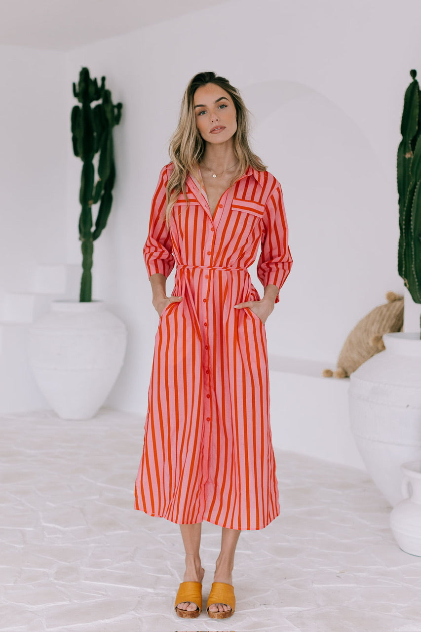 Racquet Club Shirt Dress - Pink/red