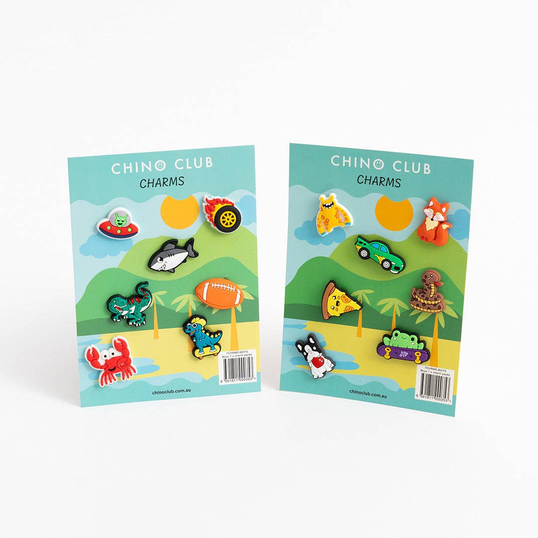 Boys 7-pack Chino Charm Packs by Chino Club featuring colorful fabric scraps and charm accessories for kids' clothing and crafts.