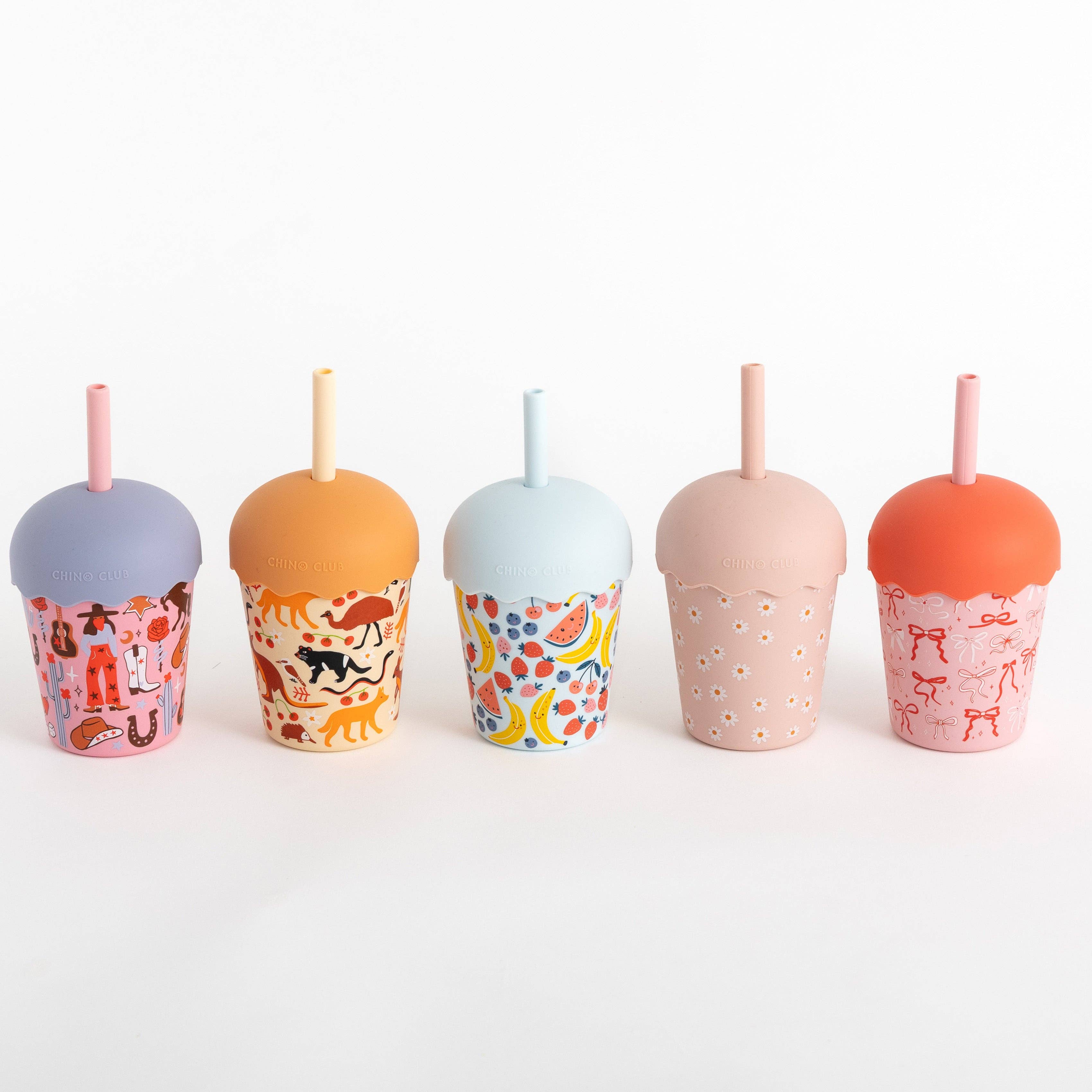 Chino Club Cowgirl Mini Smoothie Cup with straw, 200ml, pink-colored plastic tumbler with cowgirl design and reusable straw.