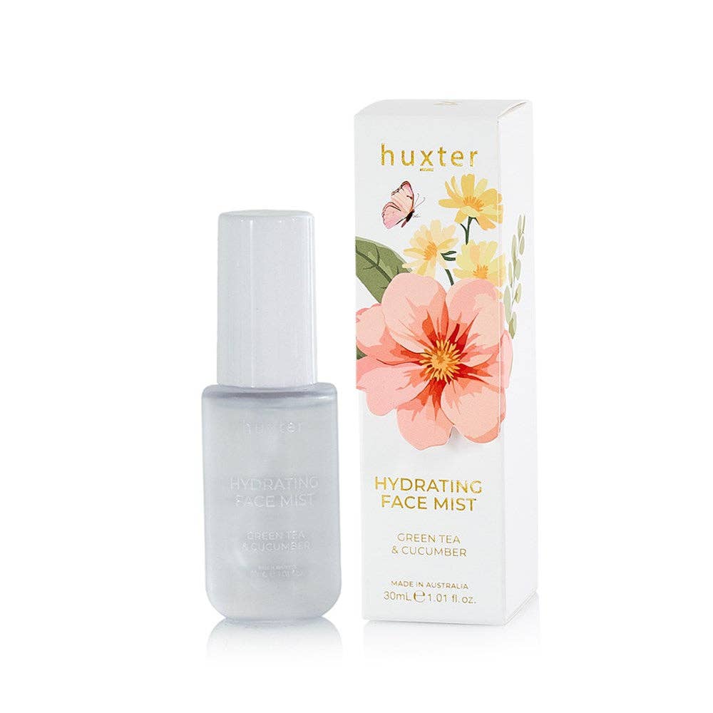 Huxter 30ml hydrating face mist with green tea and cucumber in a boxed set, featuring a clear spray bottle and fresh ingredients