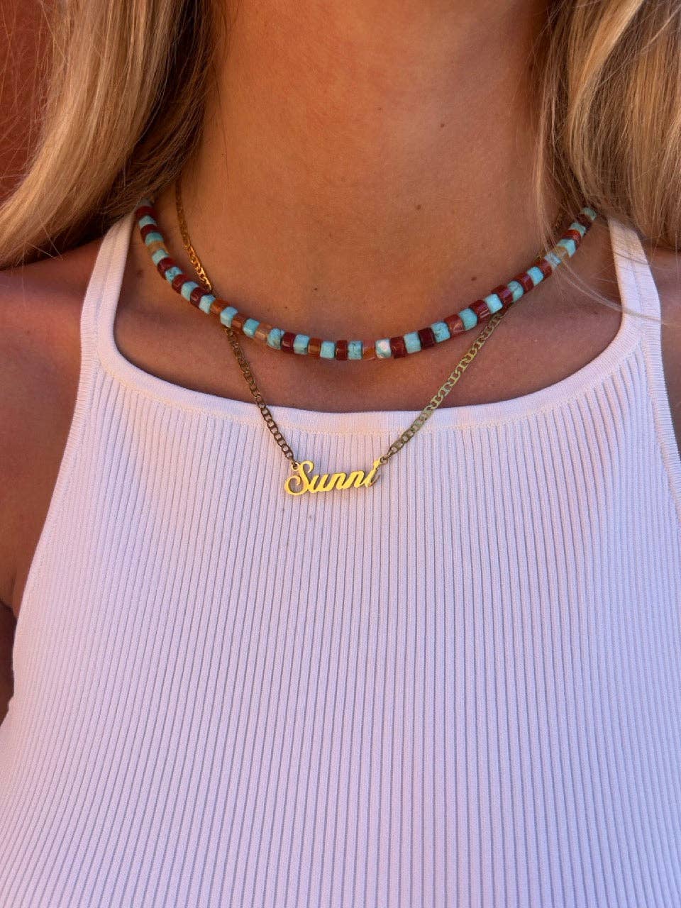 Turquoise and Red Aventurine Beaded Necklace