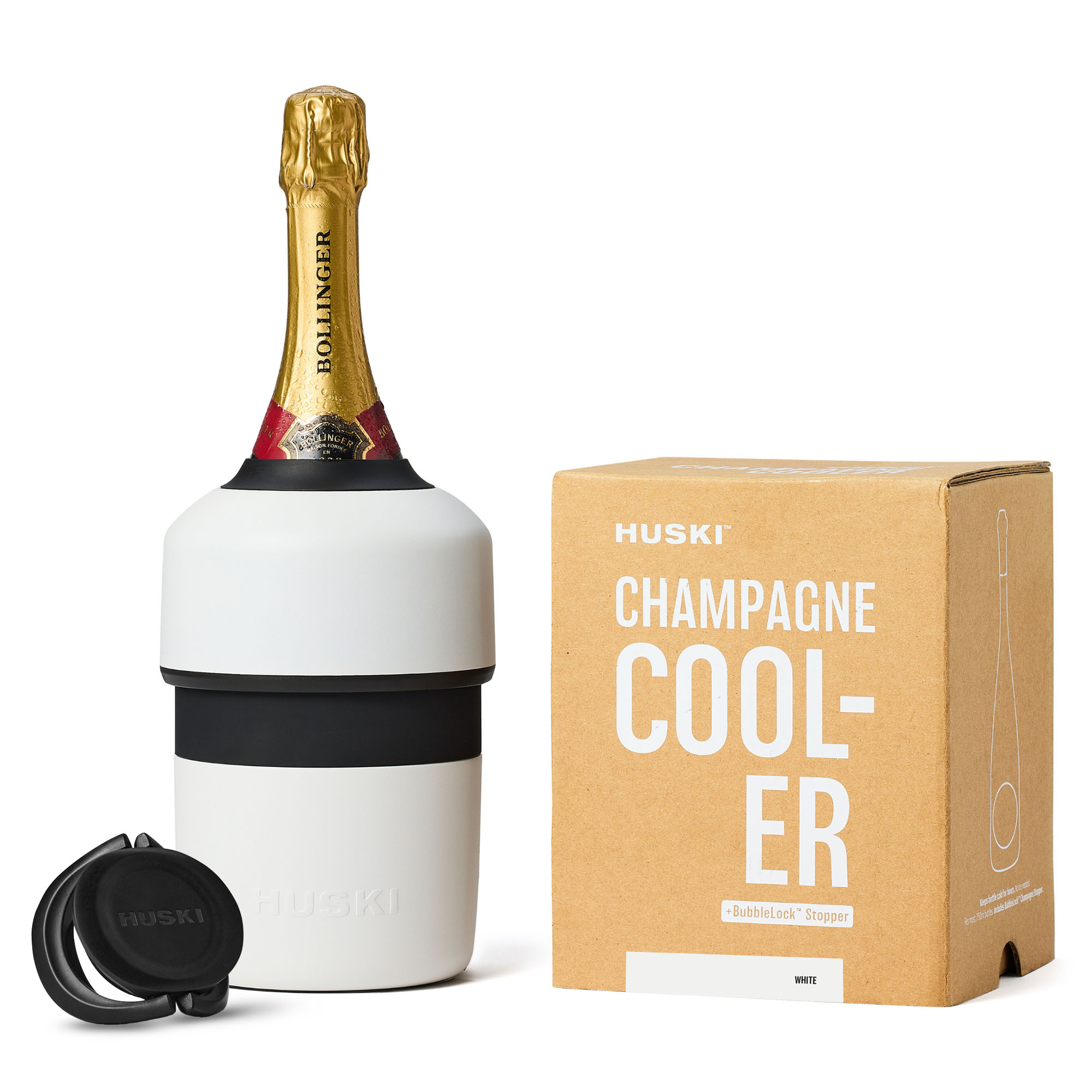 Huski Champagne Cooler in white, insulated stainless steel with a sleek design for keeping bottles cold.