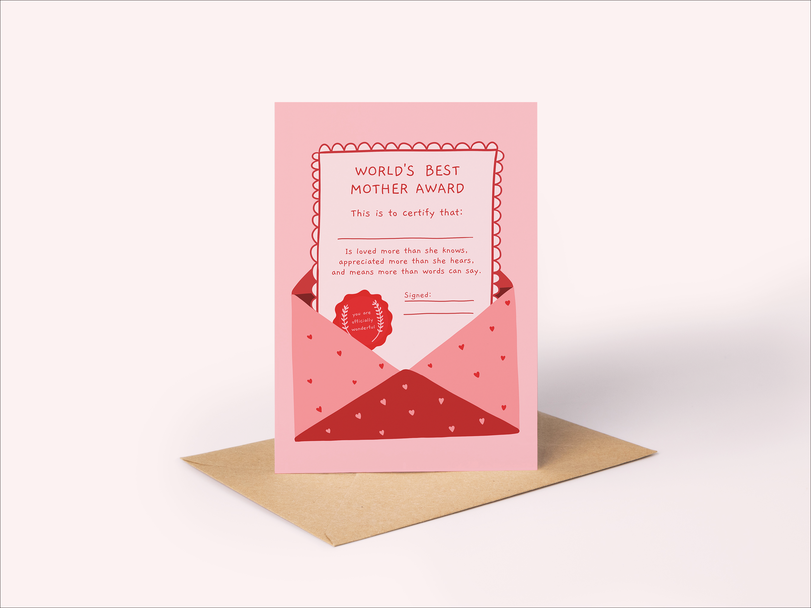 Mother's Day card from Rosalie featuring the World's Best Mother Award design with heartfelt message and decorative floral elements.