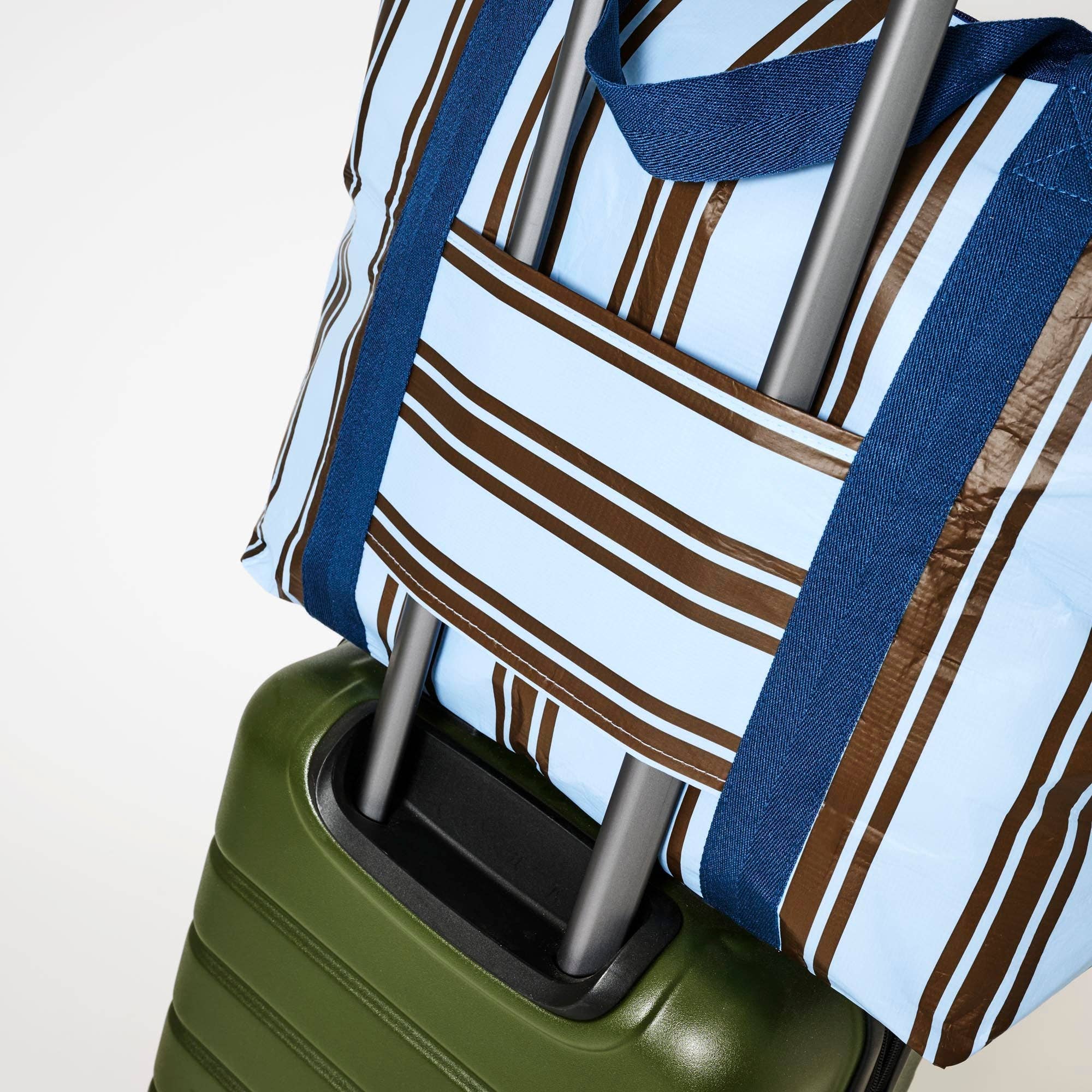 Medium tote bag with Oxford stripe pattern by Project Ten Pty Ltd, showing front view and sturdy handles.