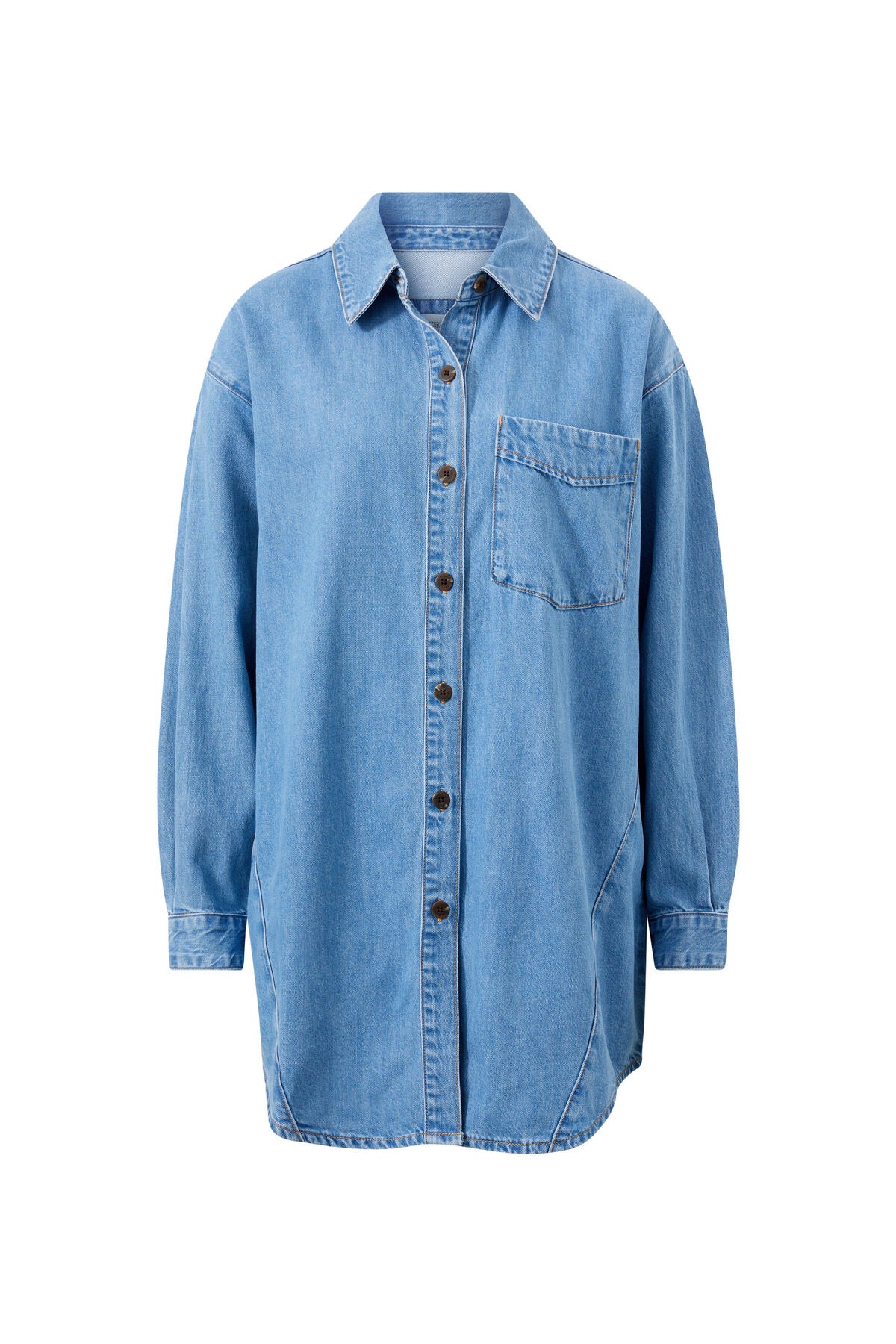 Maeve Longline Panelled Denim Shirt - Mid Vintage Blue