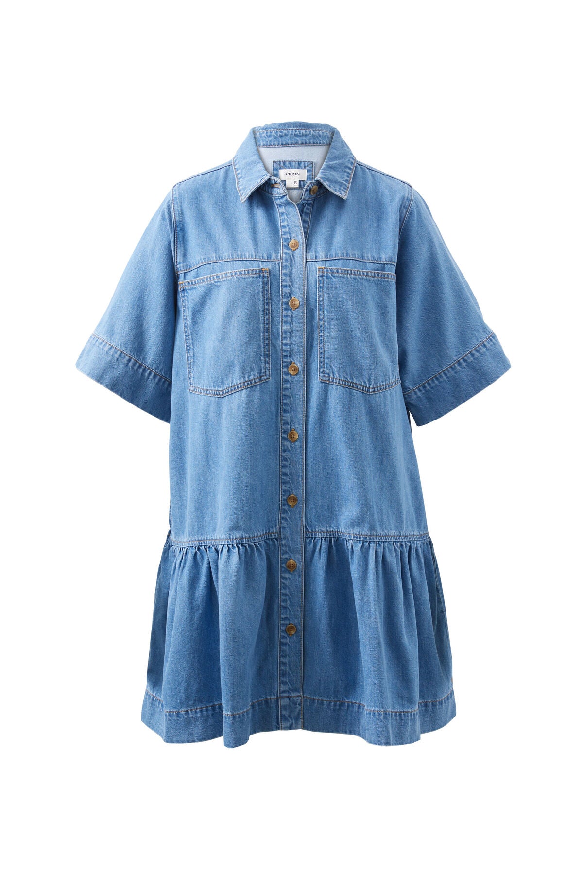 Short Sleeve Tiered Pocket Shirt Dress - Vintage Blue