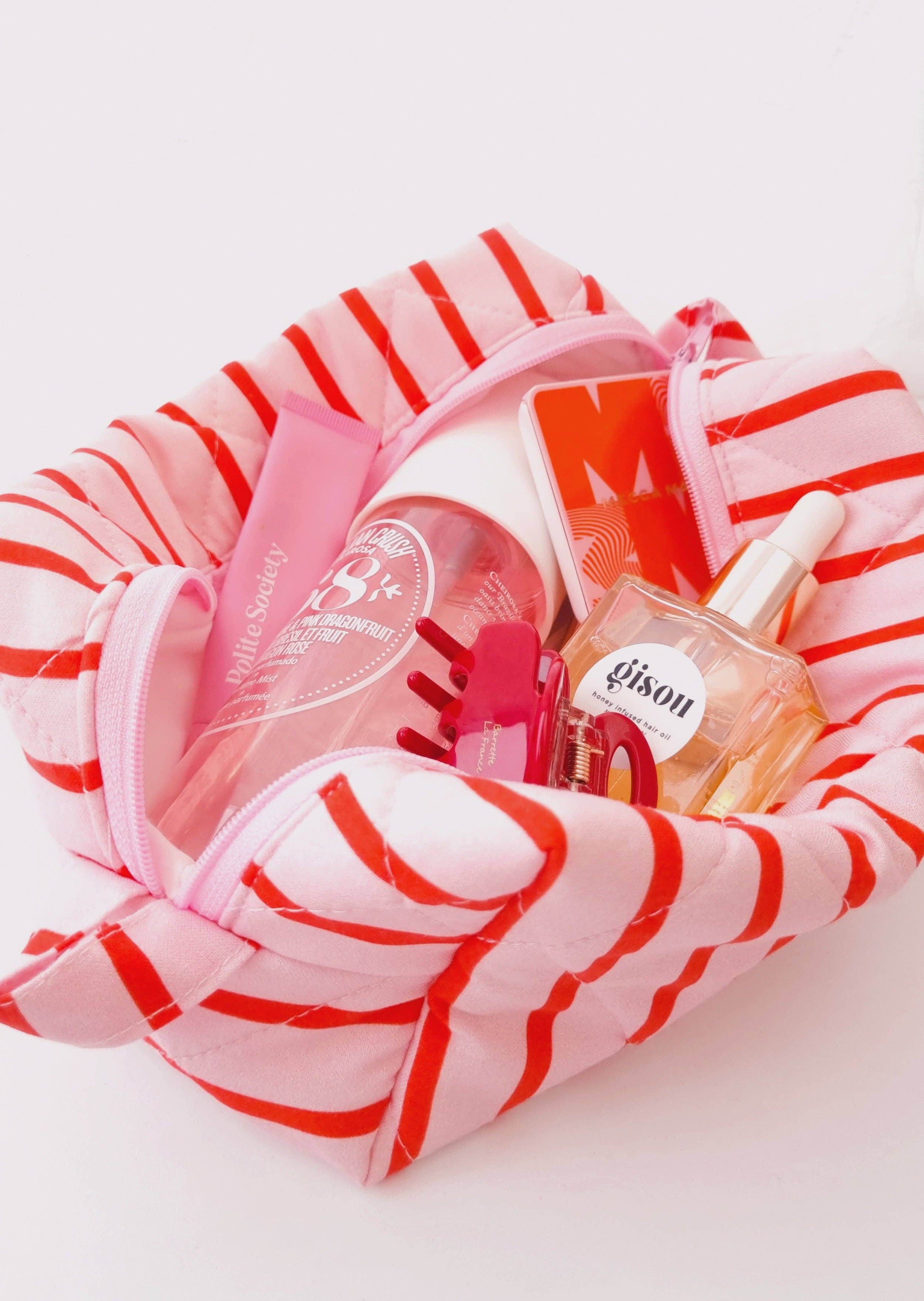 Quilted Makeup Bag- Pink/Red Stripe