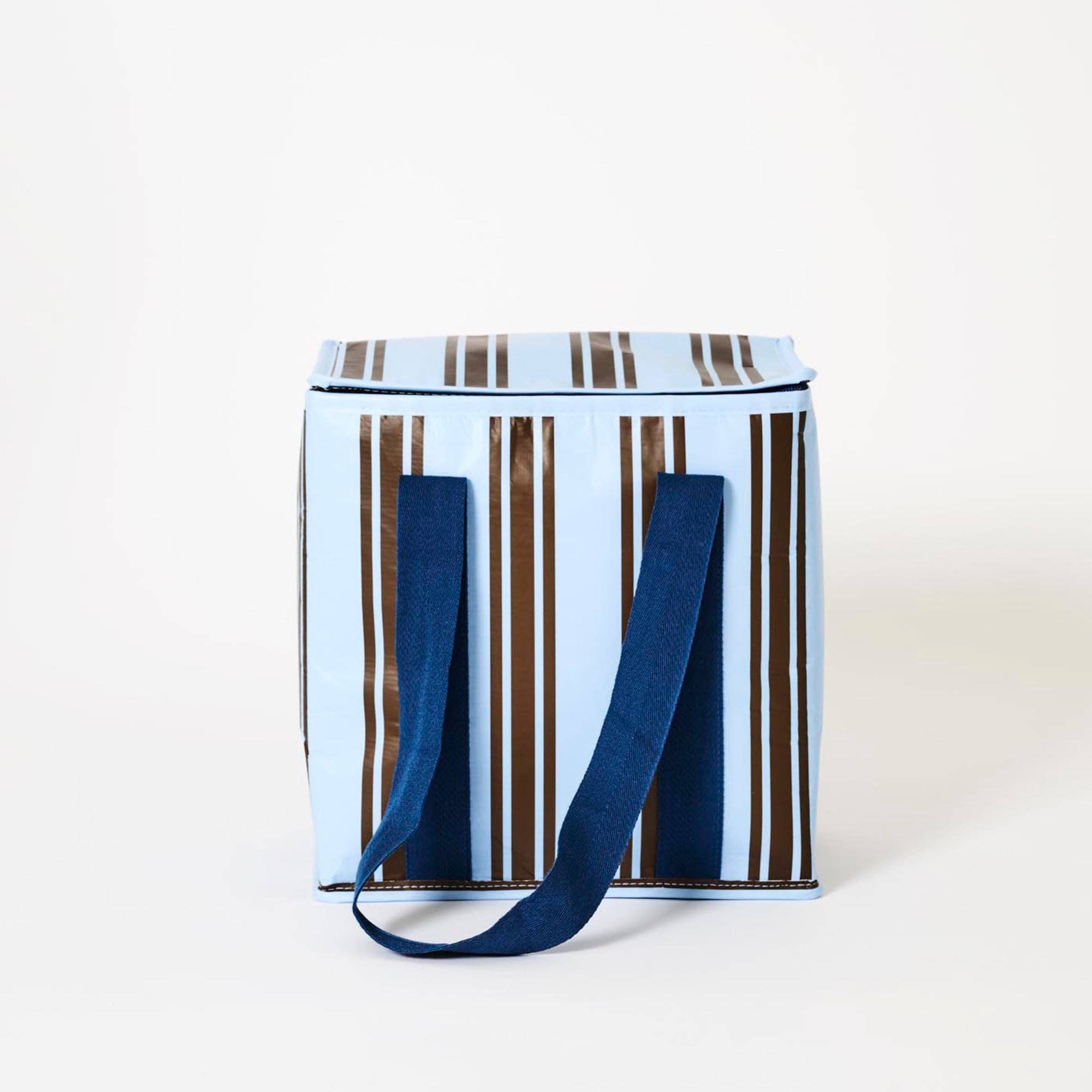 Medium insulated tote bag with Oxford stripe pattern from Project Ten Pty Ltd, featuring sturdy handles and insulated interior for food storage.