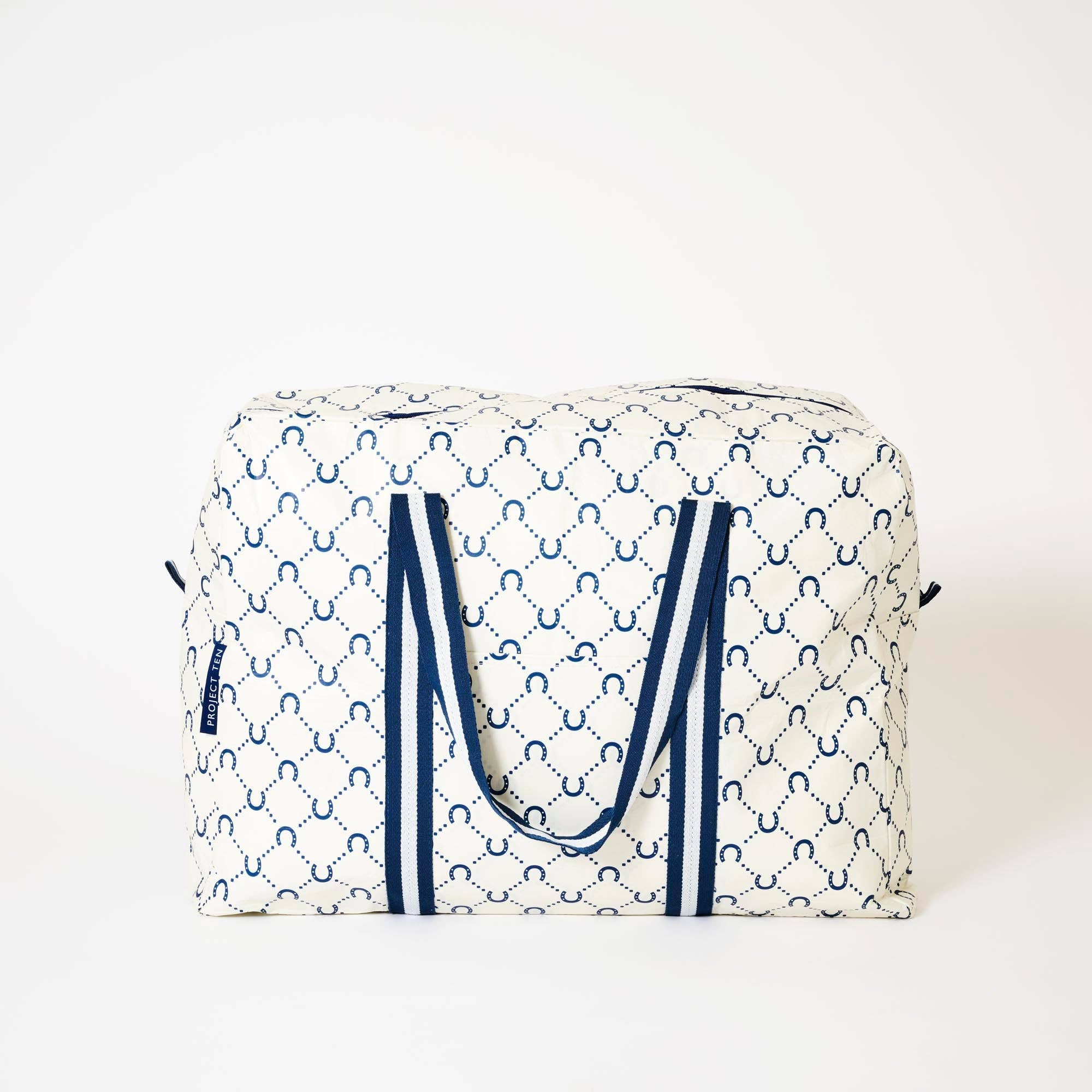 Navy horseshoe-shaped overnight bag by Project Ten Pty Ltd with sturdy handles and spacious interior for travel essentials.