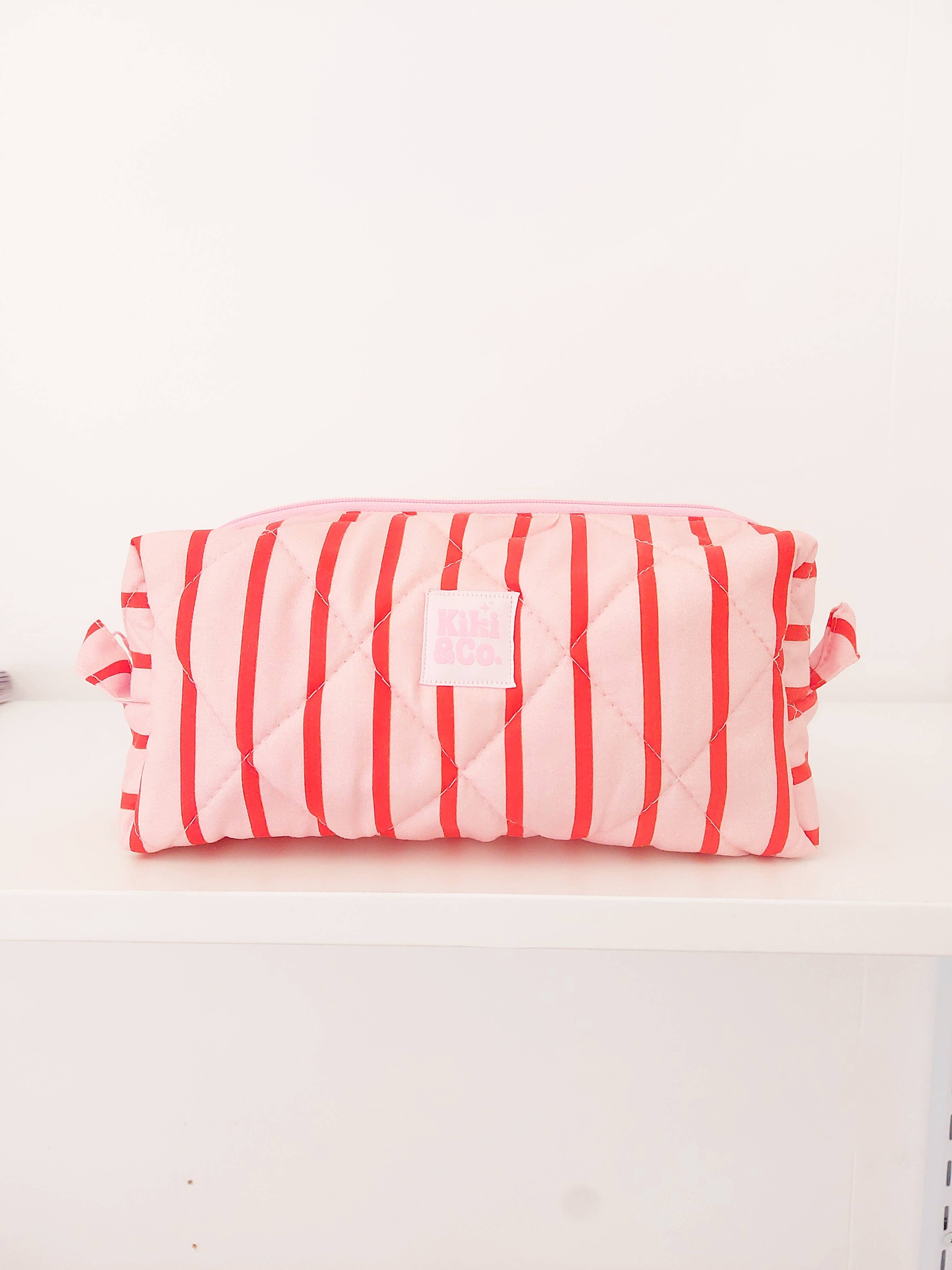 Quilted Makeup Bag- Pink/Red Stripe