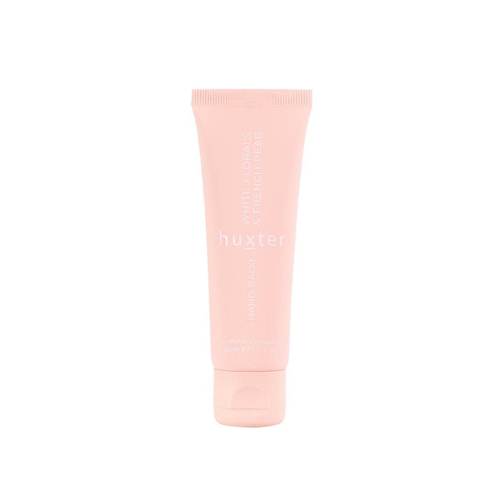 Huxter hand balm gift box with 50ml mauve flower scent, white floral and French pear fragrance, featuring elegant packaging.