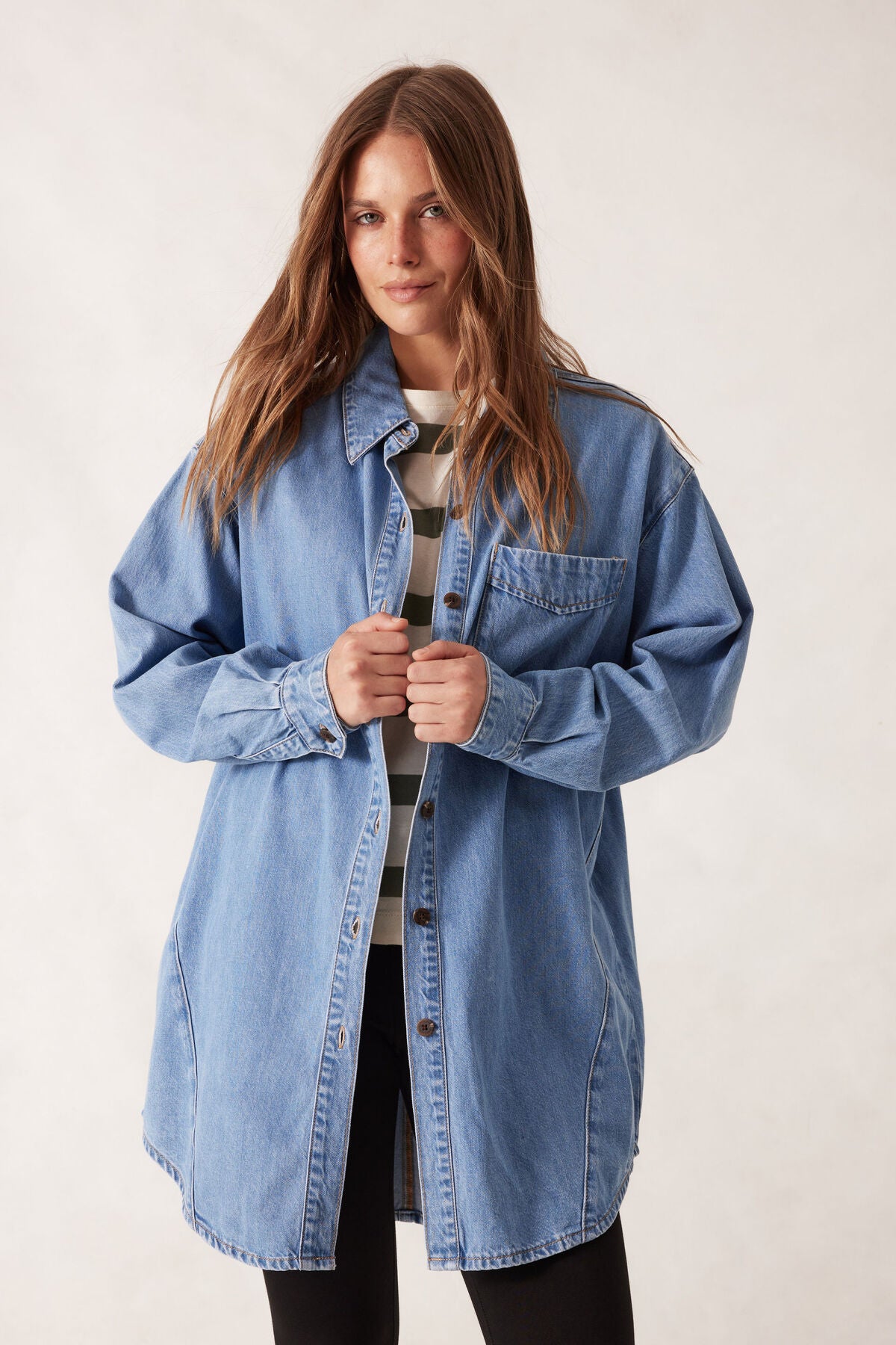 Maeve Longline Panelled Denim Shirt - Mid Vintage Blue