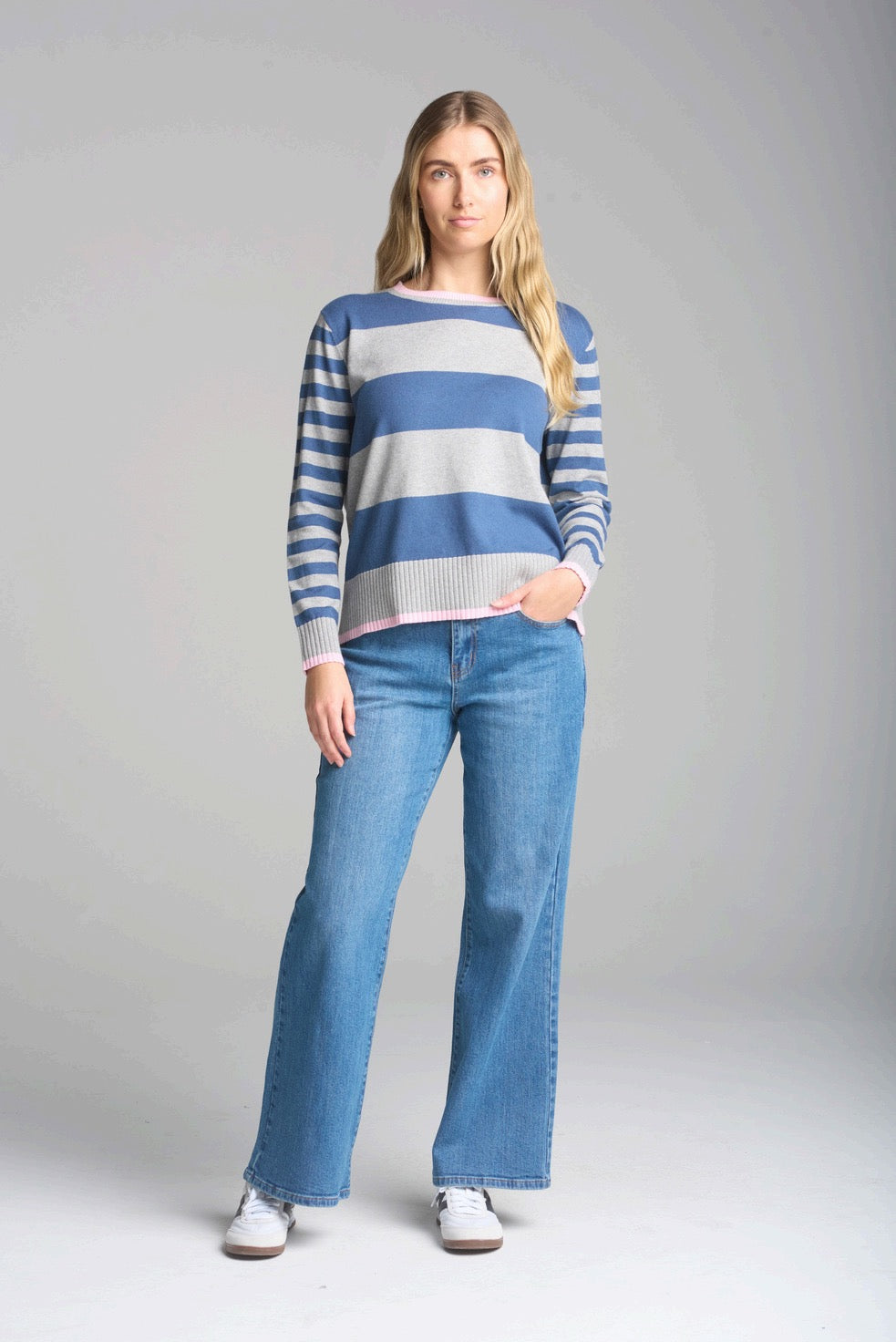 Stripe Preppy Crew Neck Knit - Denim, Grey + Pink