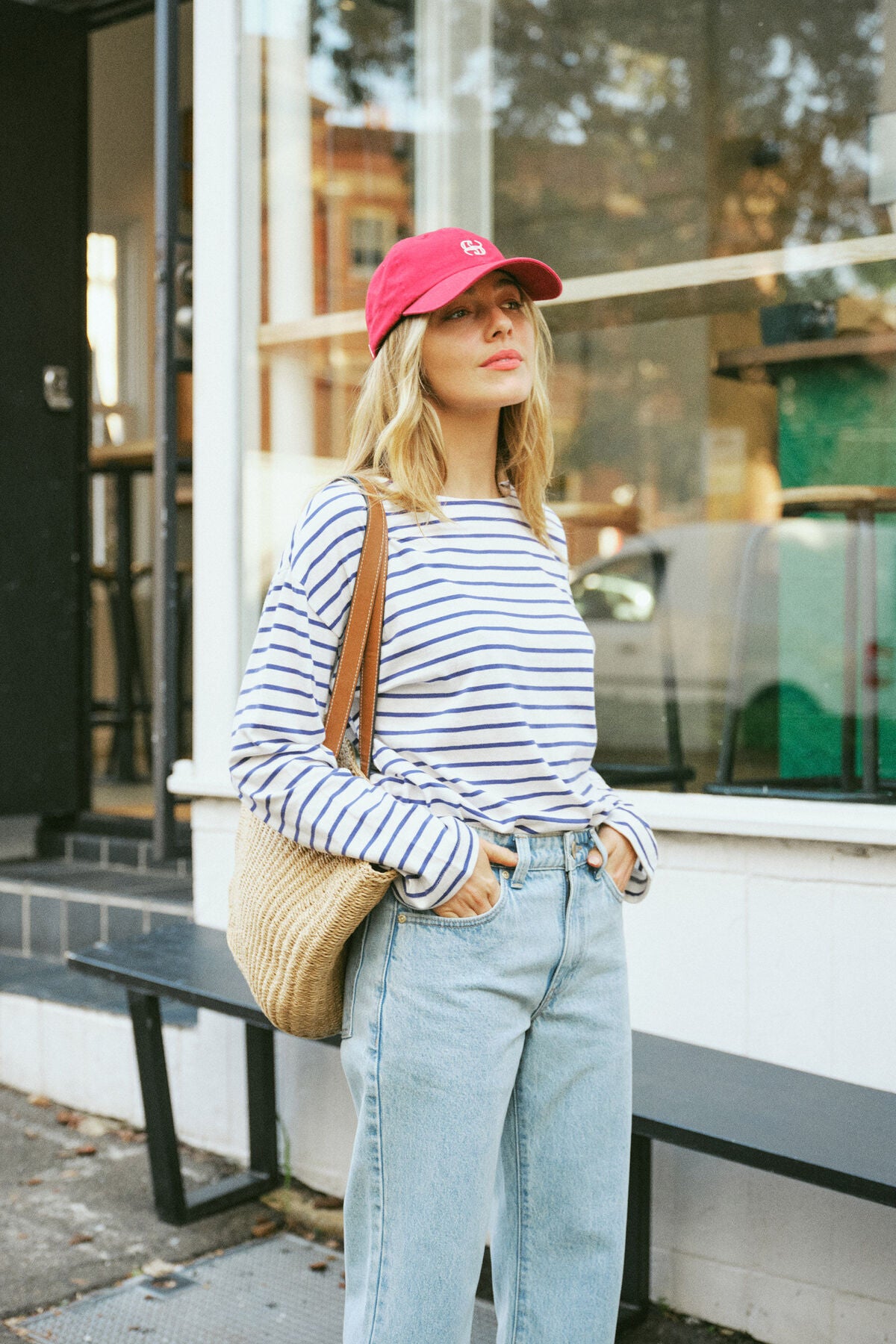 Slouchy Long Sleeve Boat Neck Tee - College Blue Stripe