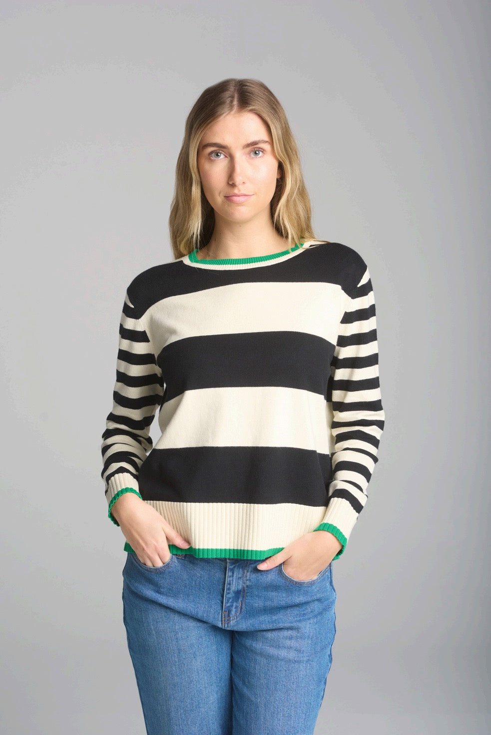 Stripe Preppy Crew Neck Knit - Black, Cream + Green