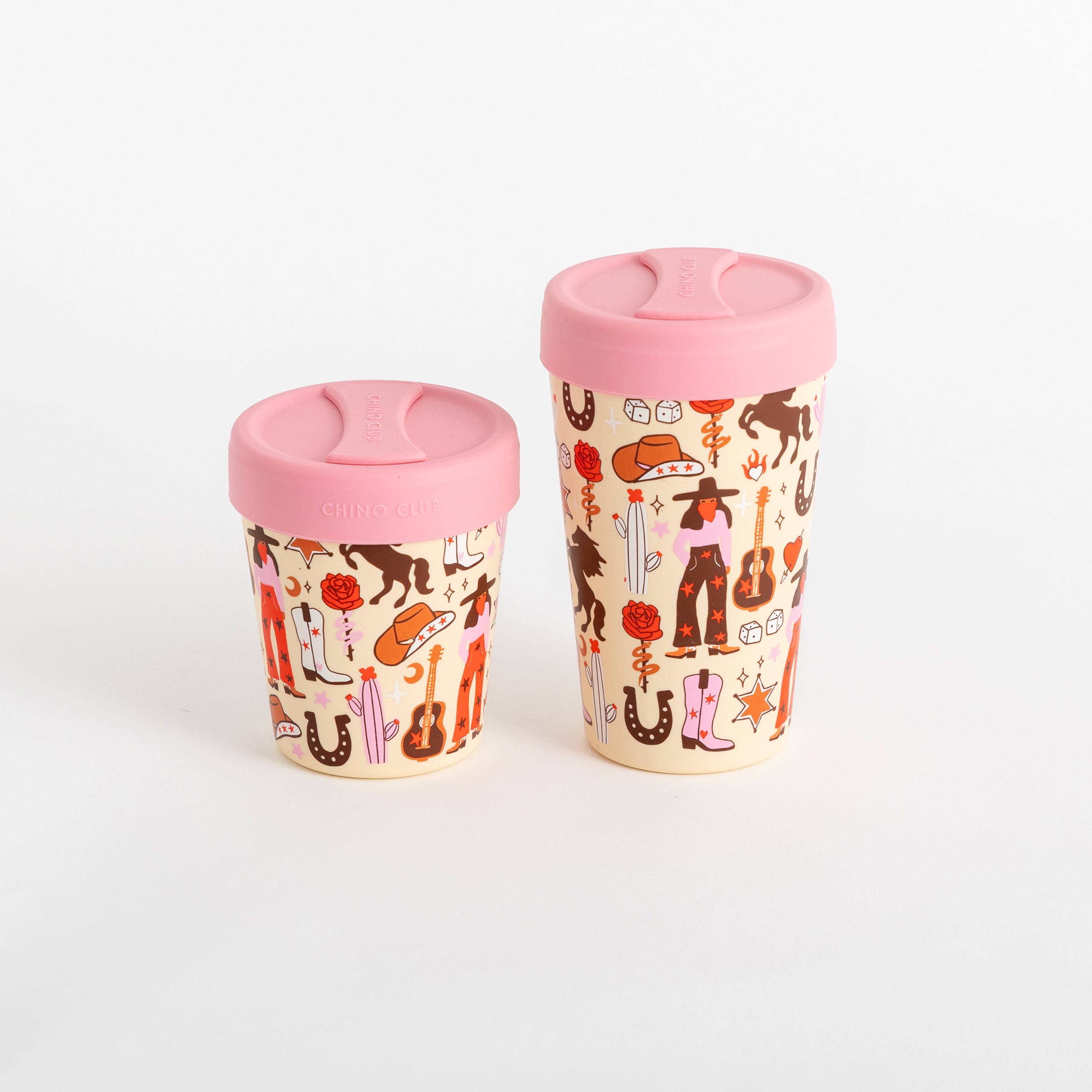 Cowgirl 8oz stainless steel coffee cup by Chino Club with a sleek, durable design and cowgirl graphic on the surface.
