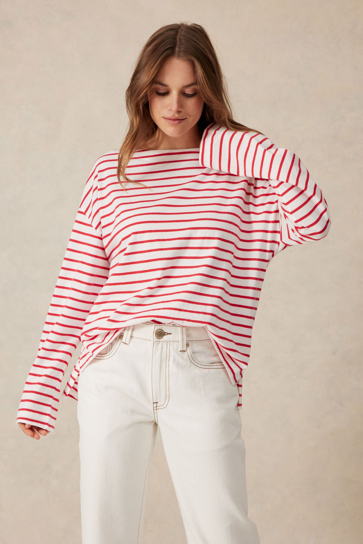 Slouchy Long Sleeve Boat Neck Tee - Heritage Red