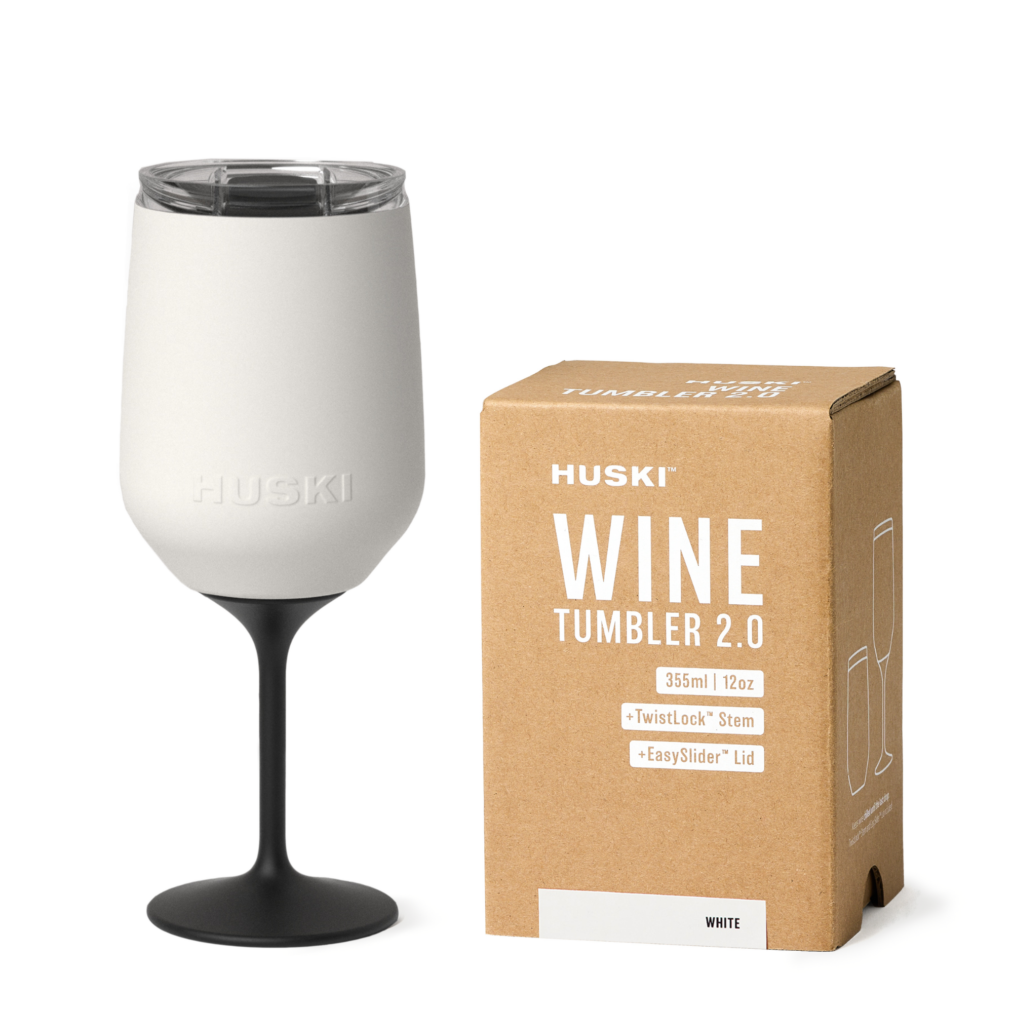 Huski Wine Tumbler 2.0 in white with double-wall insulation, showing a sleek, modern design perfect for outdoor drinking.