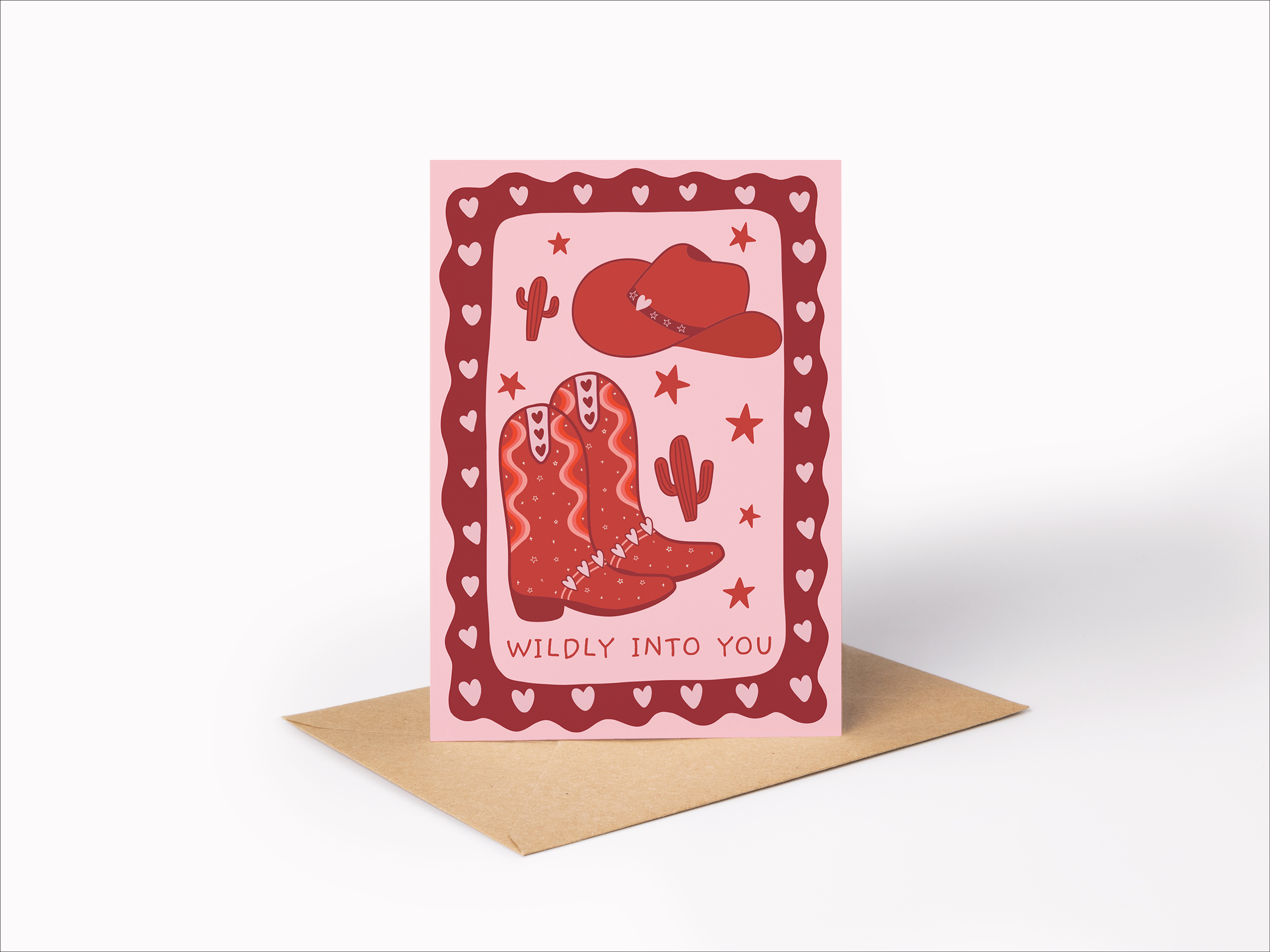 Valentine's Day card by From Rosalie featuring a cowboy boot with love-themed design and playful "Wildly Into You" message.