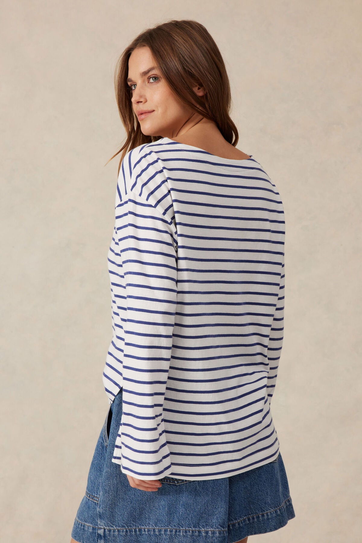 Slouchy Long Sleeve Boat Neck Tee - College Blue Stripe