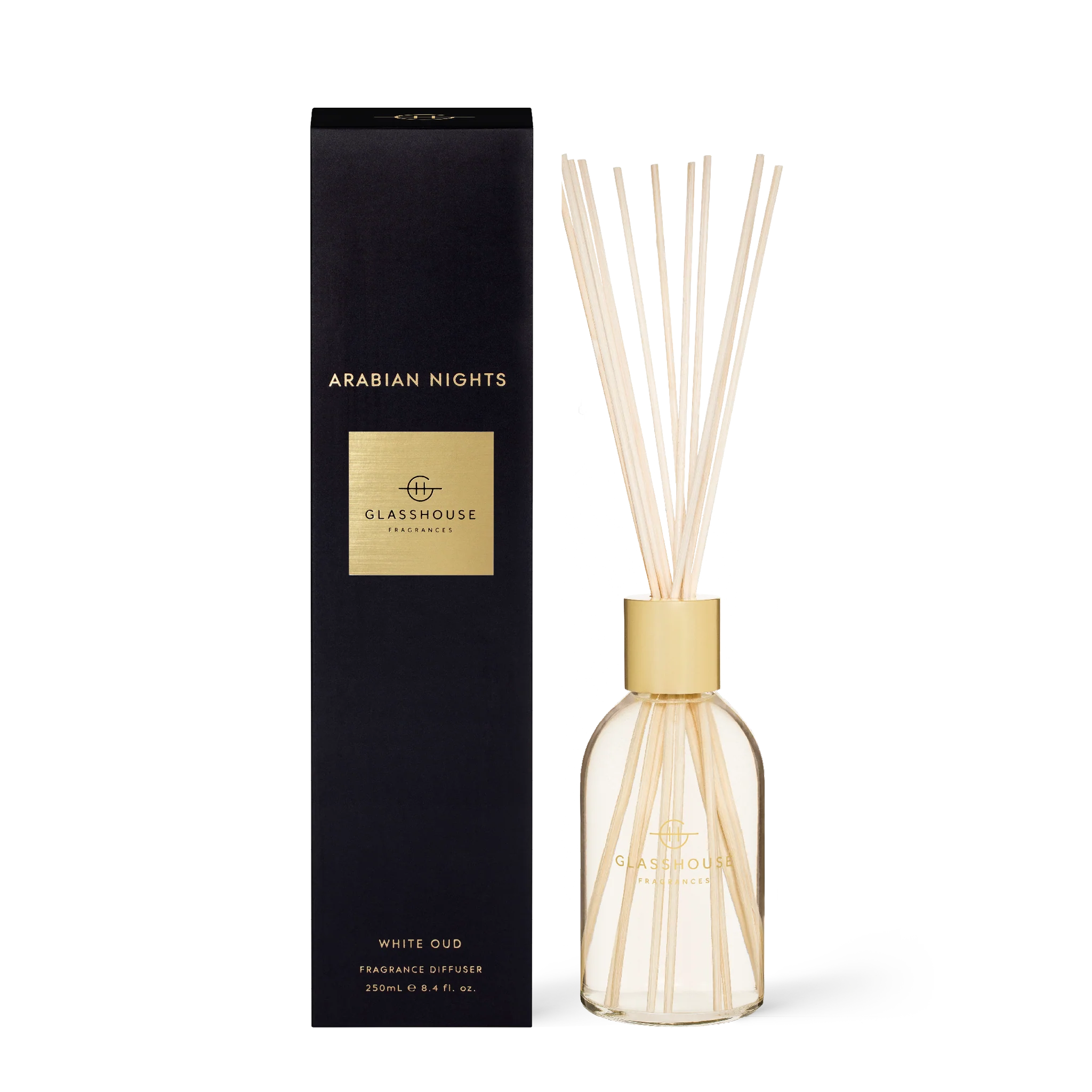 Glasshouse Fragrances Arabian Nights diffuser with intricate design and aromatic oil, set against a softly lit background.