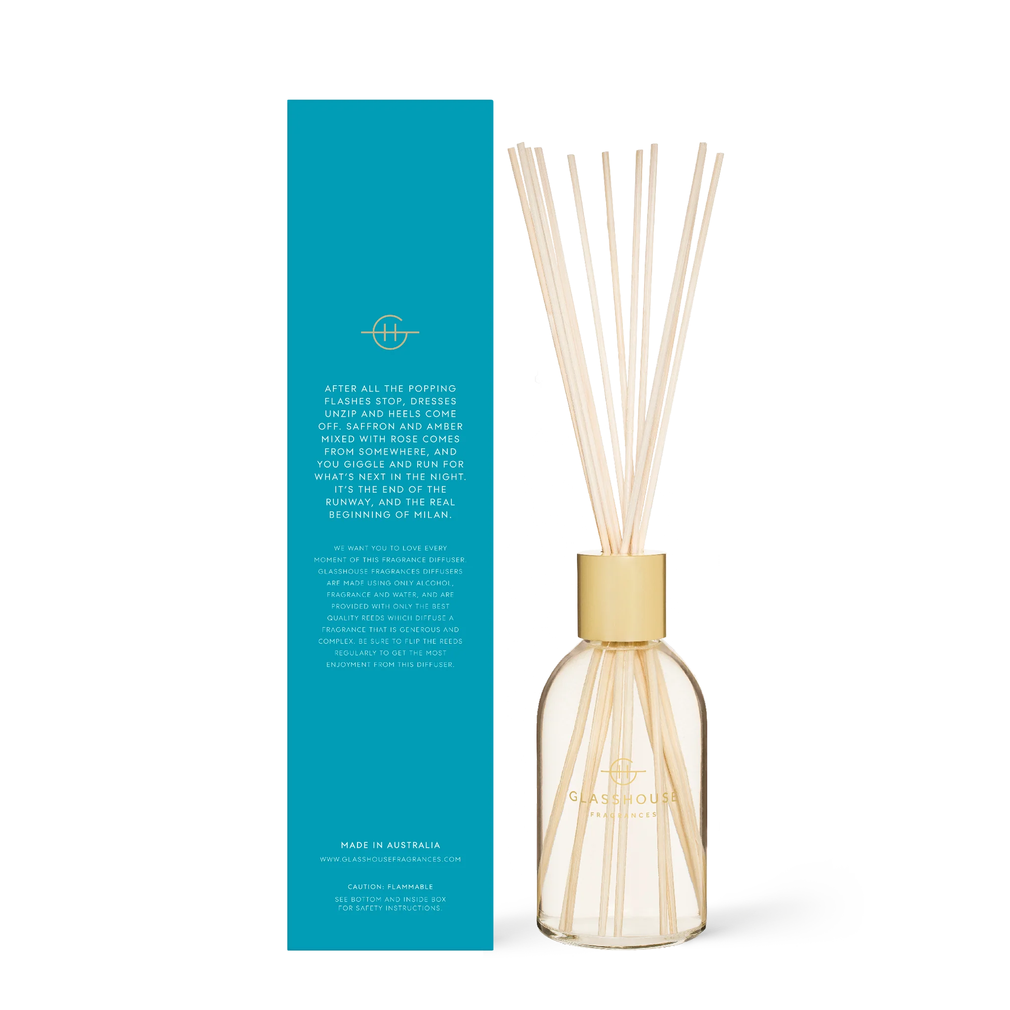 Glasshouse Fragrances Midnight in Milan diffuser with elegant glass bottle and reed sticks for home fragrance.