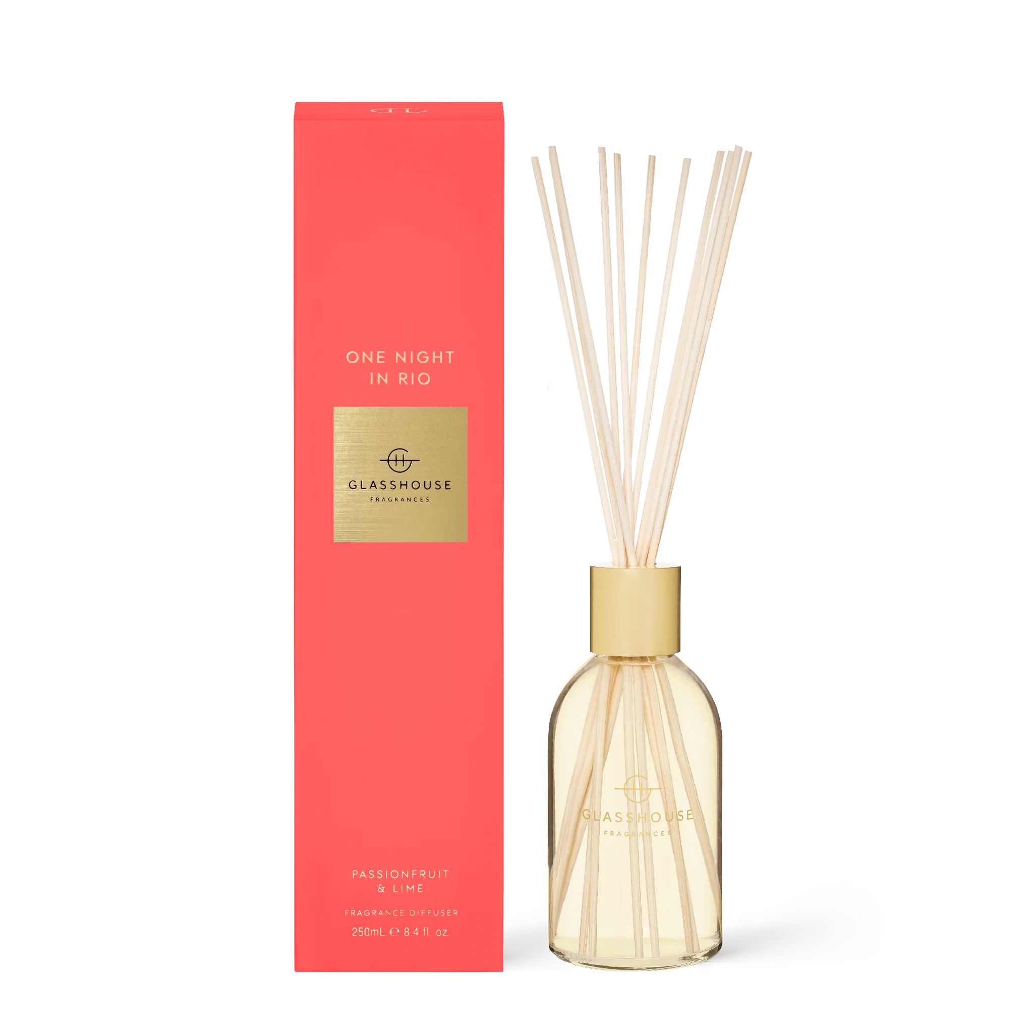 Glasshouse Fragrances One Night in Rio diffuser with a sleek glass bottle and reeds, featuring tropical floral and fruity scent details.
