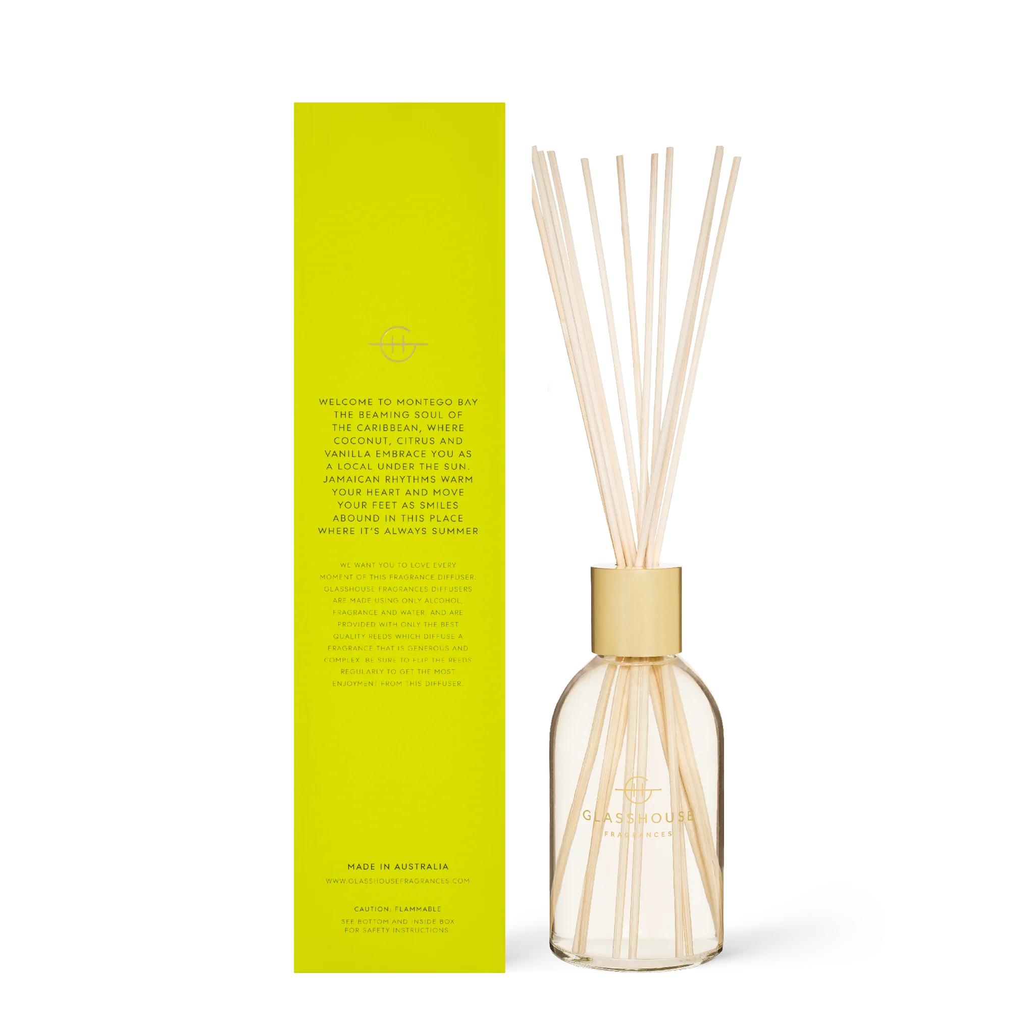 Glasshouse Fragrances Montego Bay Rhythm diffuser with elegant glass bottle and reed sticks, designed for home fragrance.
