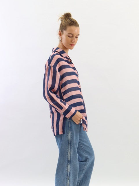 Faye Linen Striped Shirt - Navy & Pink