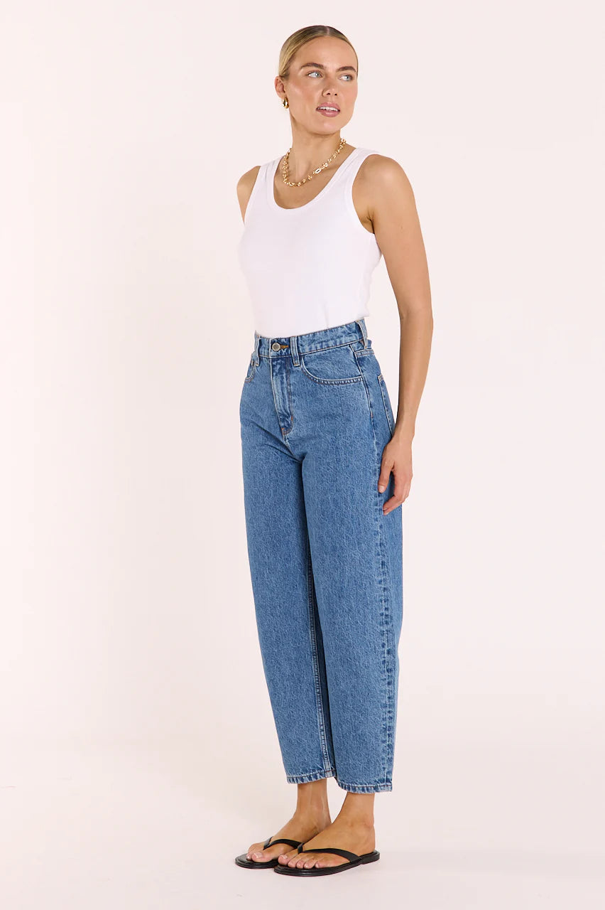 Feather + Noise Lola Cropped Barrel Jeans in deep blue, showing the high-waisted, relaxed fit with cropped length and barrel leg style.