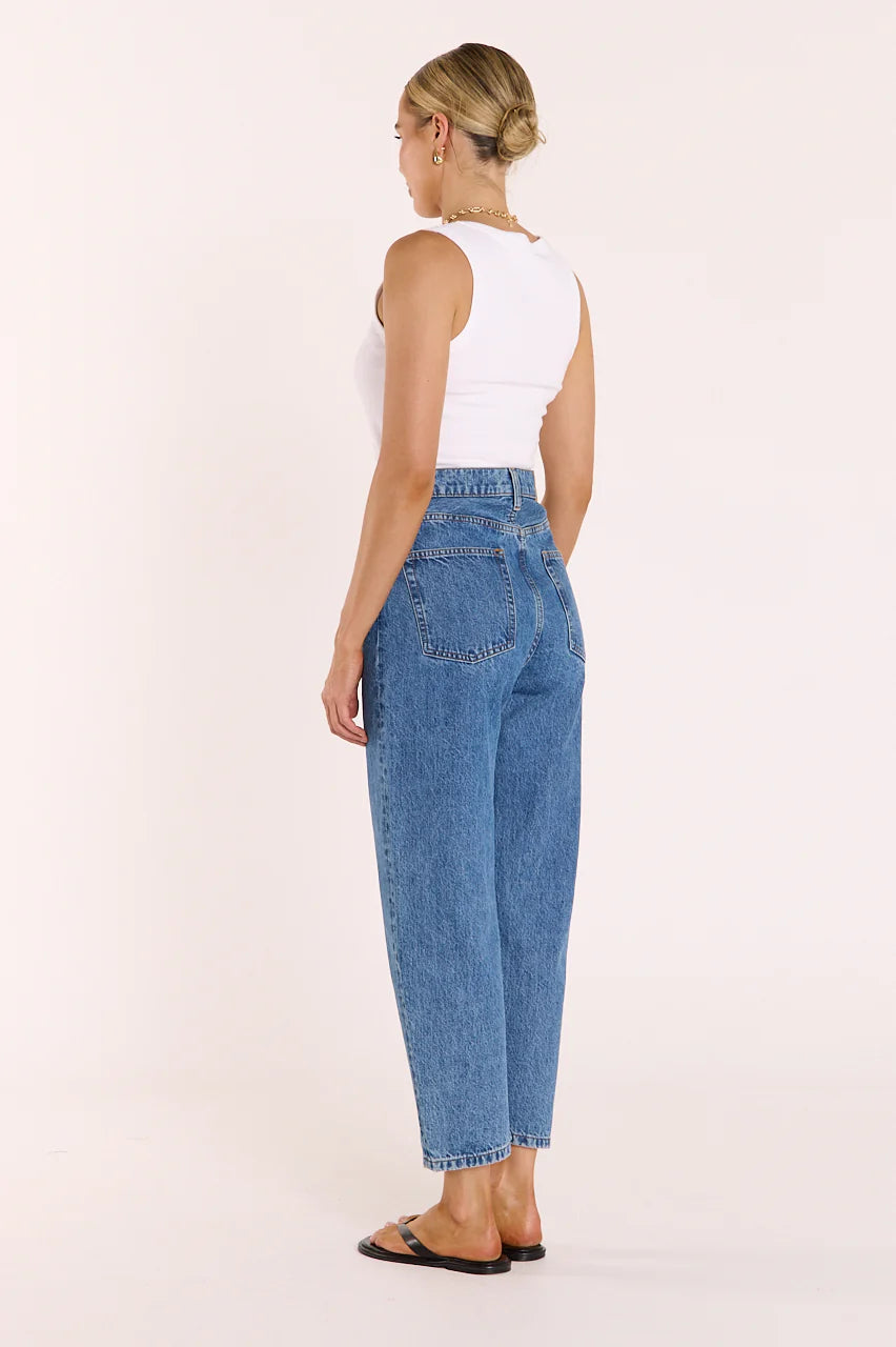 Feather + Noise Lola cropped barrel jeans in deep blue denim, featuring a relaxed fit and stylish cropped length.